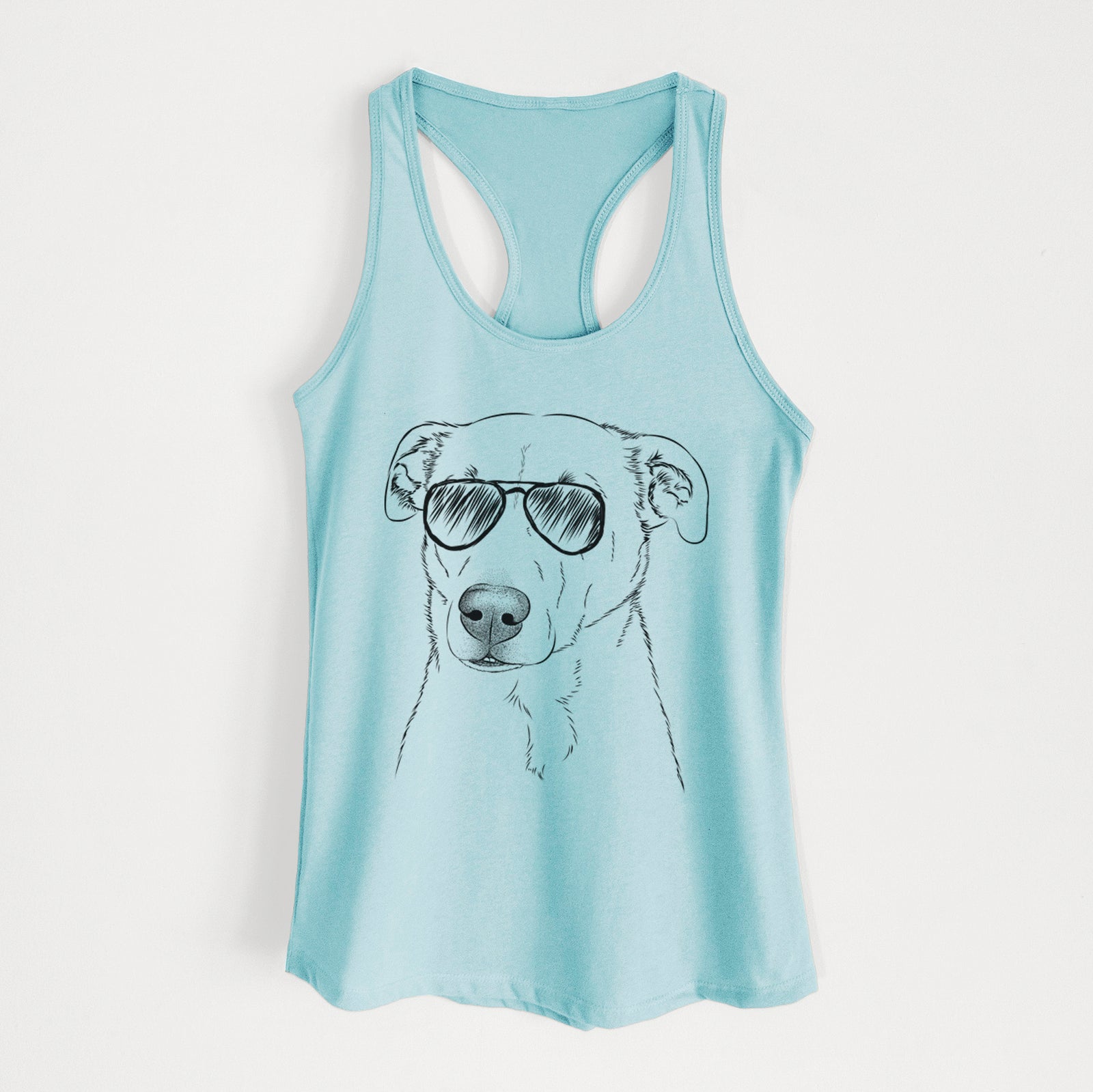 Hand-drawn sketch of Nala the American Staffordshire Terrier wearing aviator sunglasses on a Cancun Blue Women's racerback tanktop
