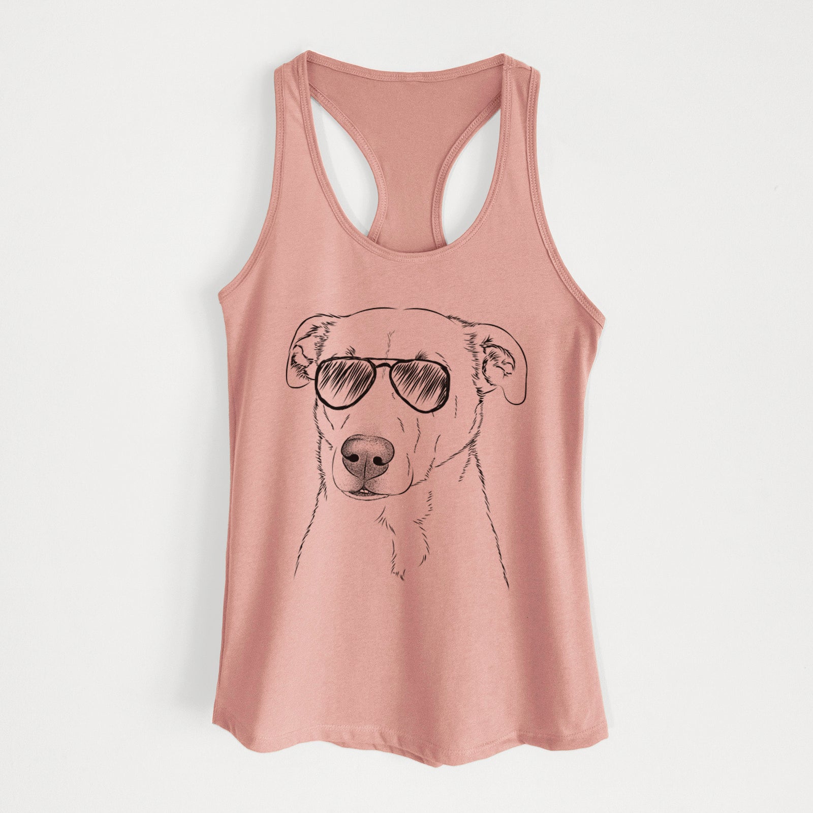 Hand-drawn sketch of Nala the American Staffordshire Terrier wearing aviator sunglasses on a Desert Pink Women's racerback tanktop