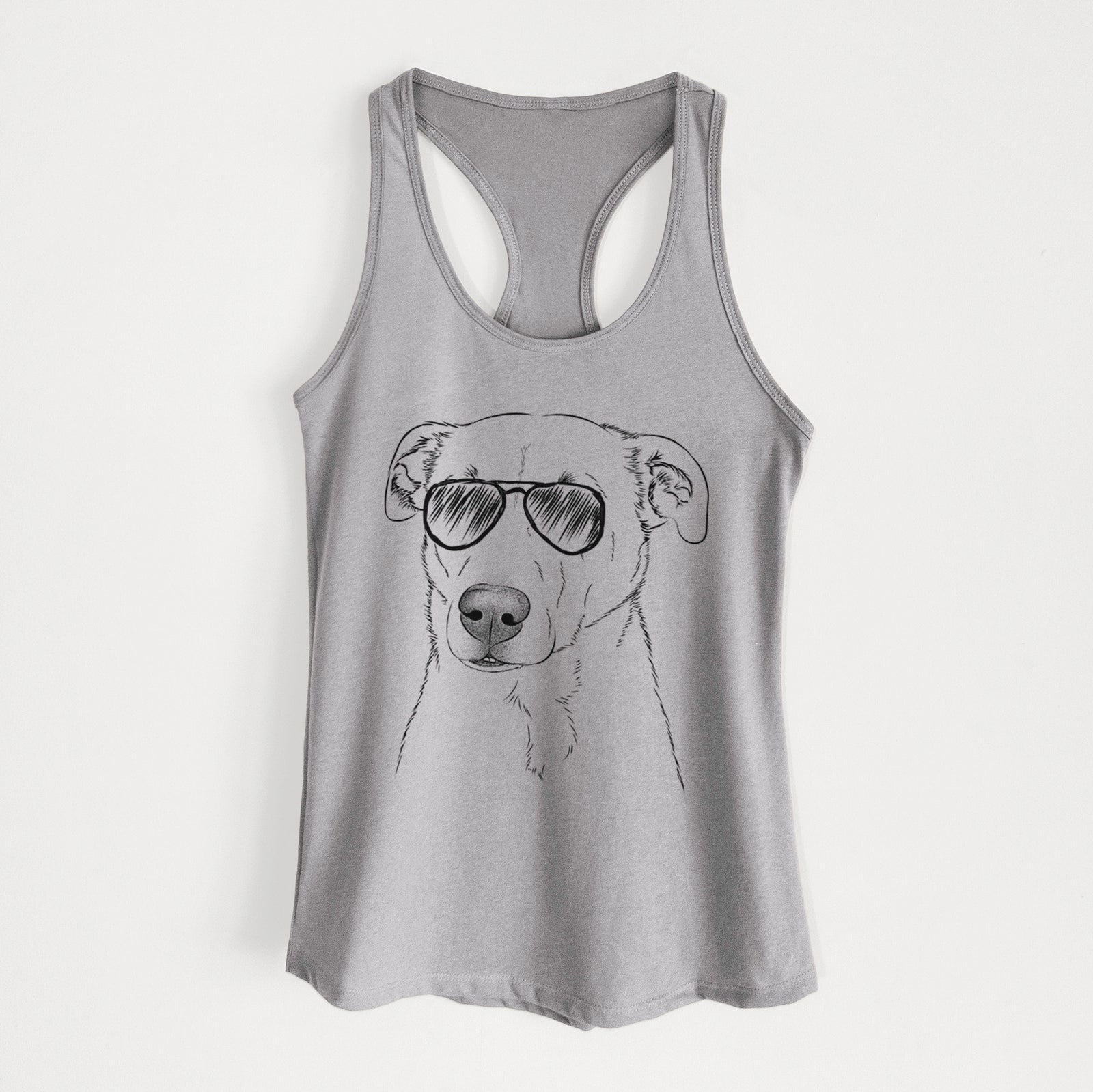 Hand-drawn sketch of Nala the American Staffordshire Terrier wearing aviator sunglasses on a Heather Grey Women's racerback tanktop