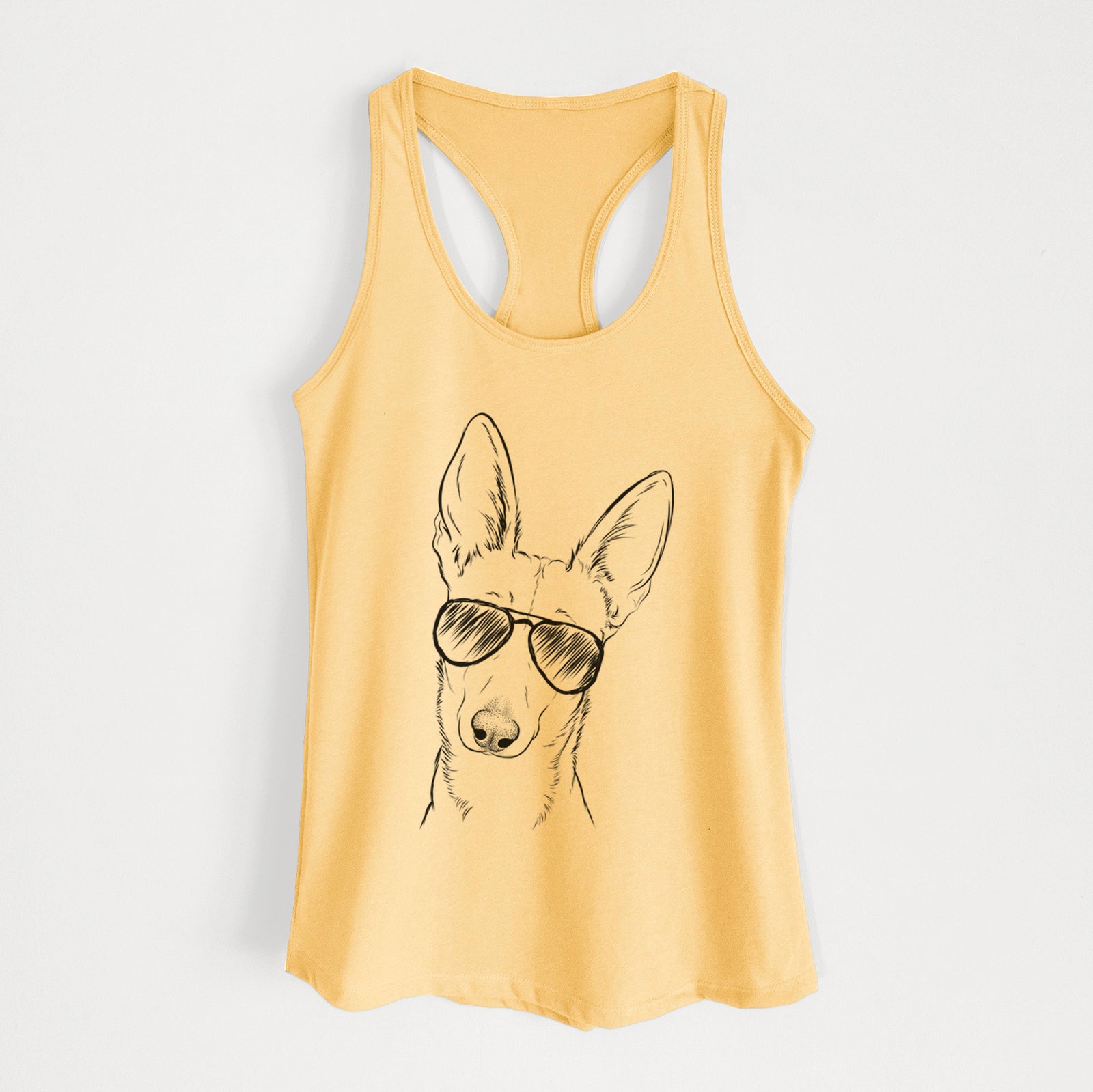 Hand-drawn sketch of Nala the Carolina Dog wearing aviator sunglasses on a Banana Cream Women's racerback tanktop