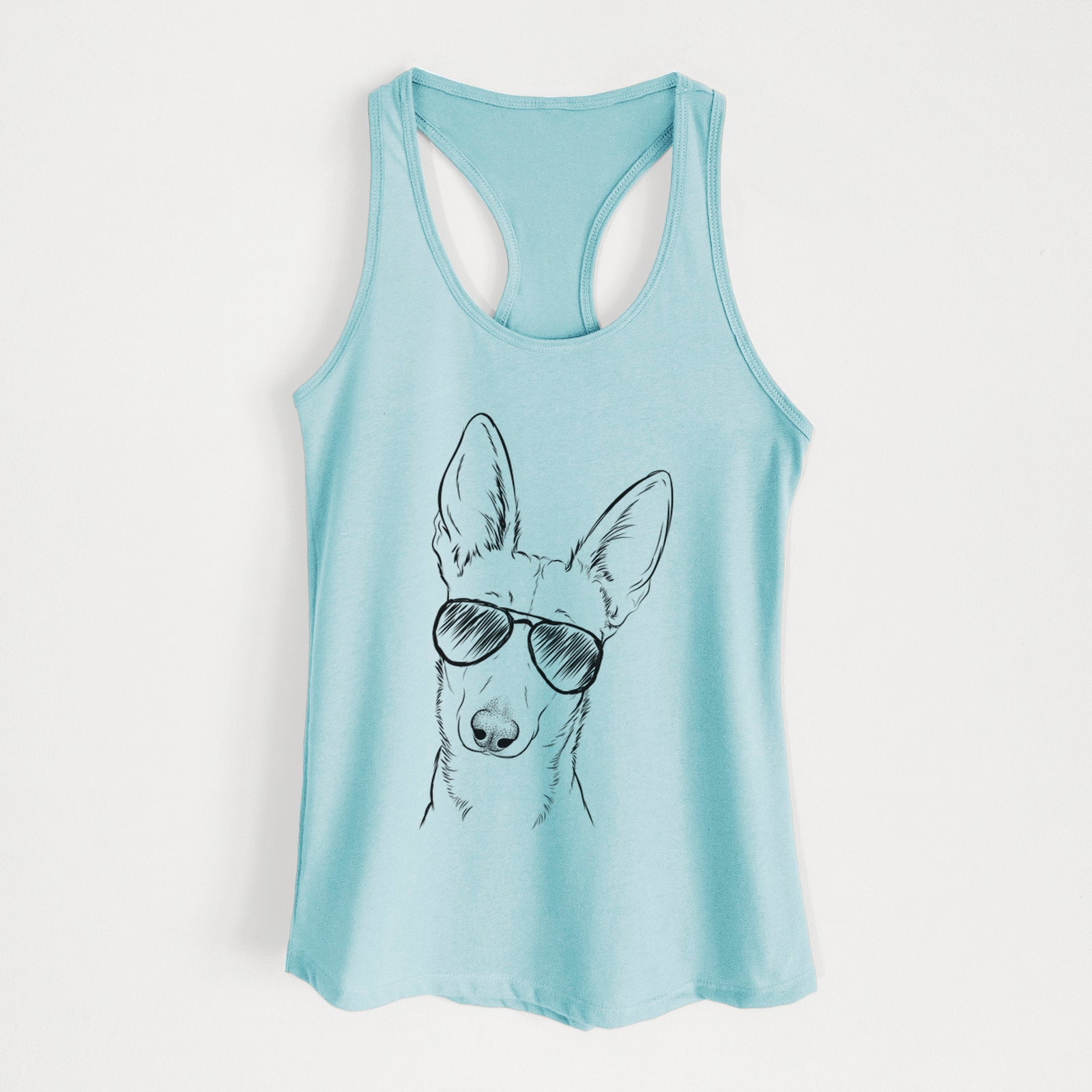 Hand-drawn sketch of Nala the Carolina Dog wearing aviator sunglasses on a Cancun Blue Women's racerback tanktop