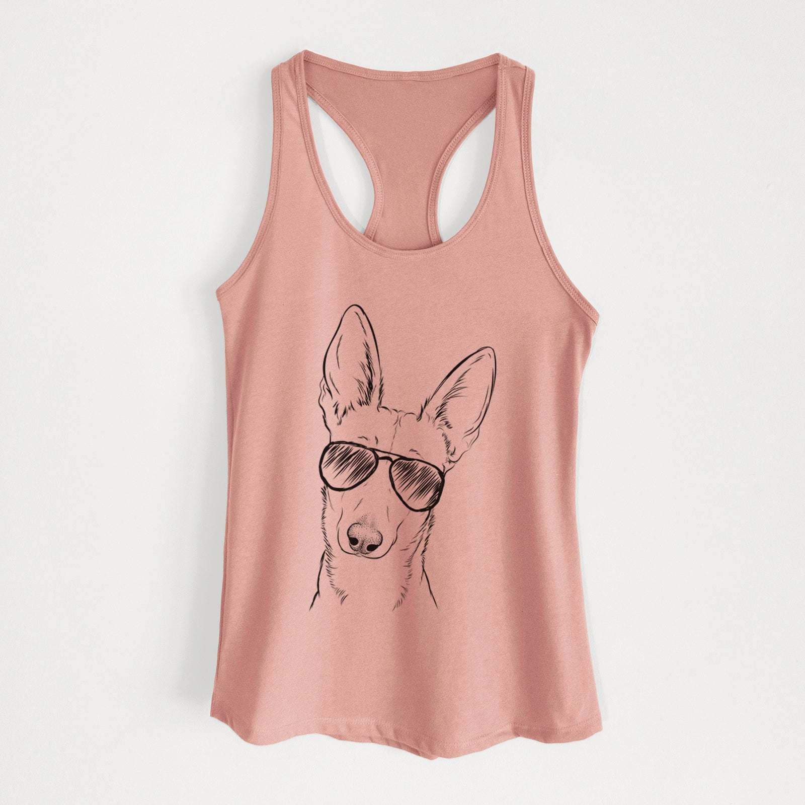 Hand-drawn sketch of Nala the Carolina Dog wearing aviator sunglasses on a Desert Pink Women's racerback tanktop