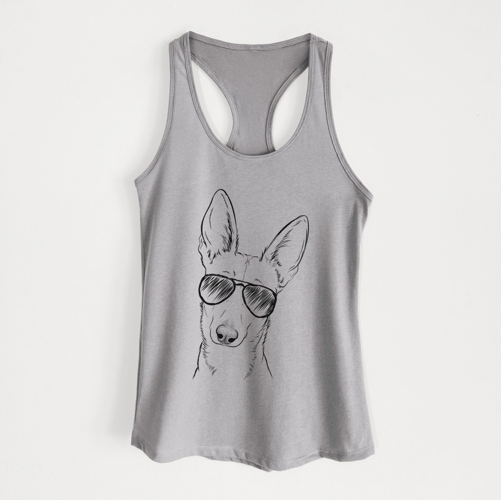 Hand-drawn sketch of Nala the Carolina Dog wearing aviator sunglasses on a Heather Grey Women's racerback tanktop
