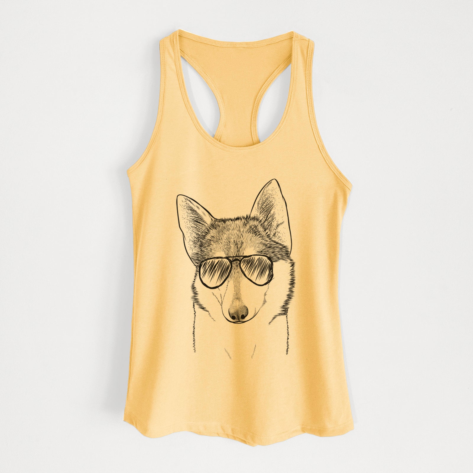 Hand-drawn sketch of Nami the Alaskan Klee Kai wearing aviator sunglasses on a Banana Cream Women's racerback tanktop
