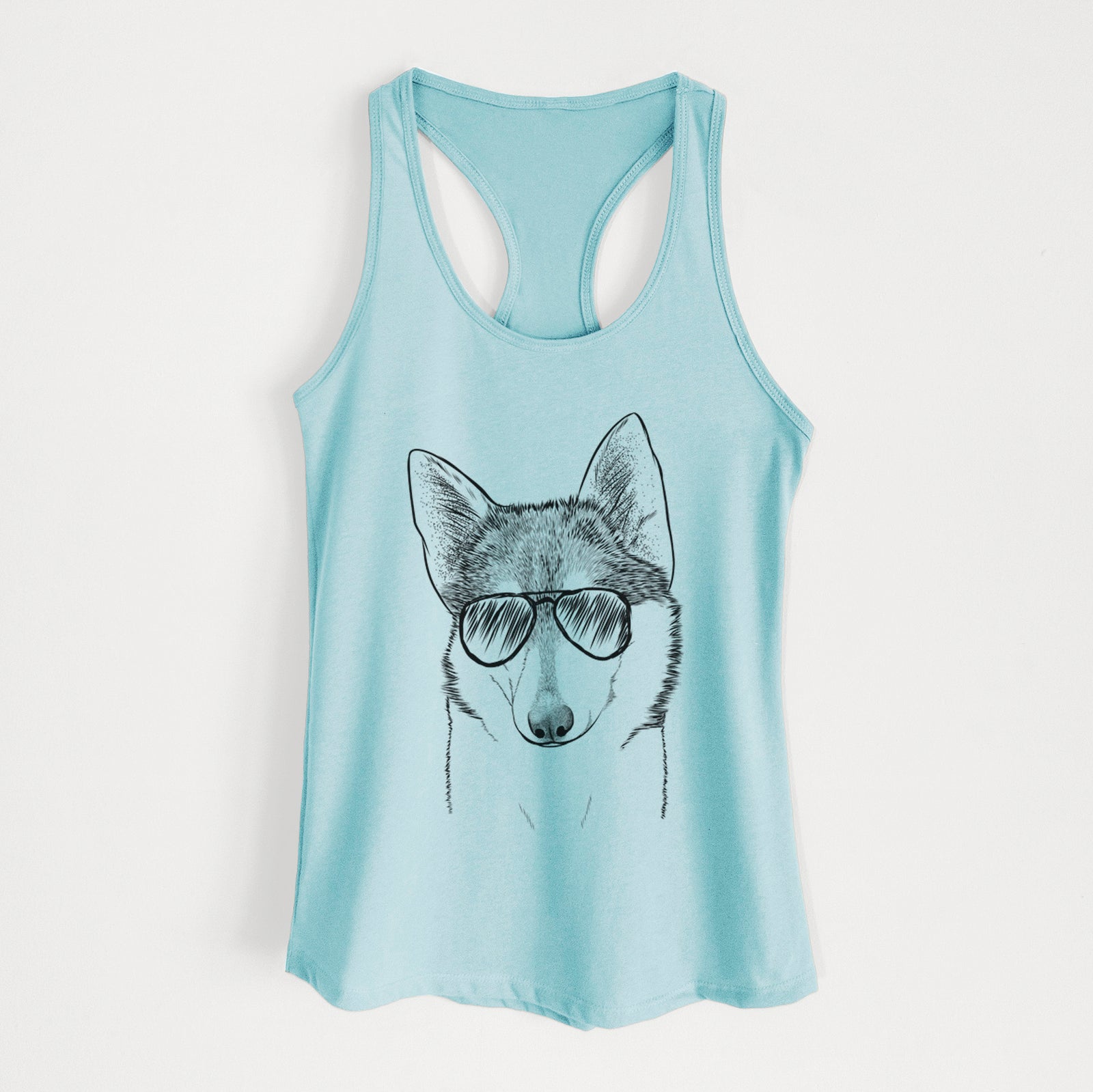 Hand-drawn sketch of Nami the Alaskan Klee Kai wearing aviator sunglasses on a Cancun Blue Women's racerback tanktop