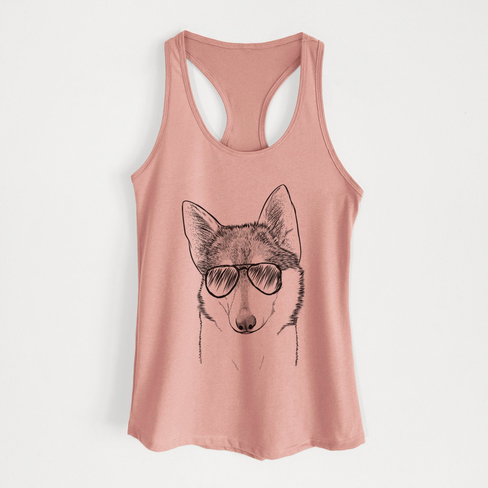 Hand-drawn sketch of Nami the Alaskan Klee Kai wearing aviator sunglasses on a Desert Pink Women's racerback tanktop