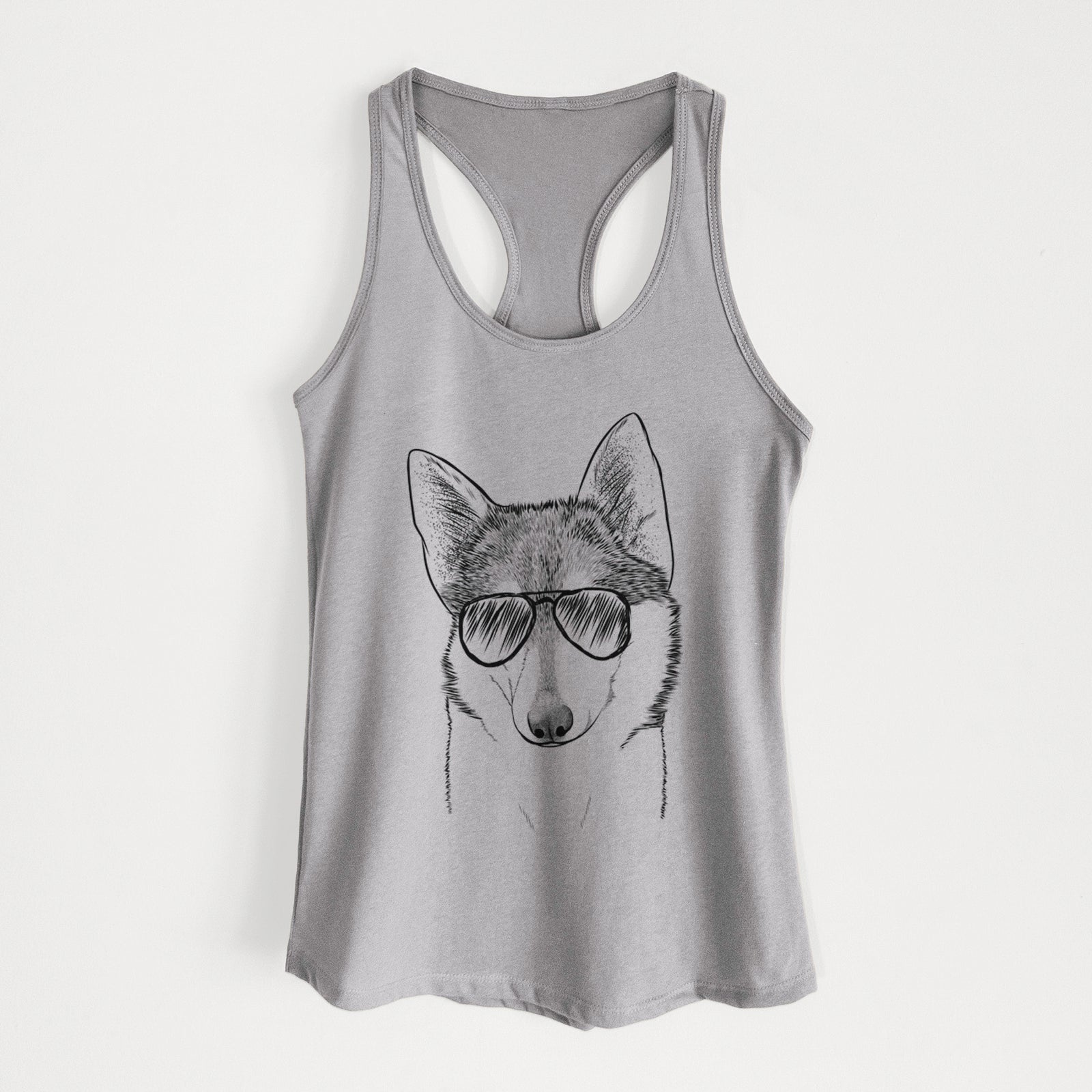 Hand-drawn sketch of Nami the Alaskan Klee Kai wearing aviator sunglasses on a Heather Grey Women's racerback tanktop