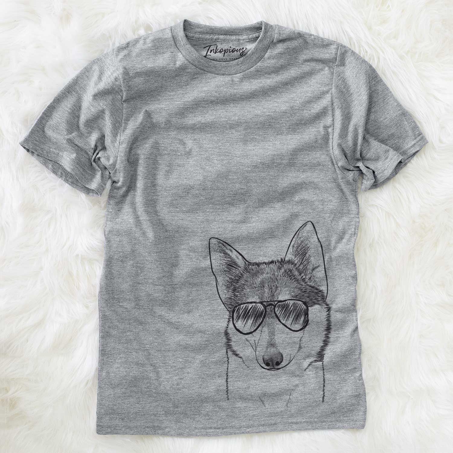 Hand-drawn sketch of Nami the Alaskan Klee Kai wearing aviator sunglasses on a Grey Unisex crewneck