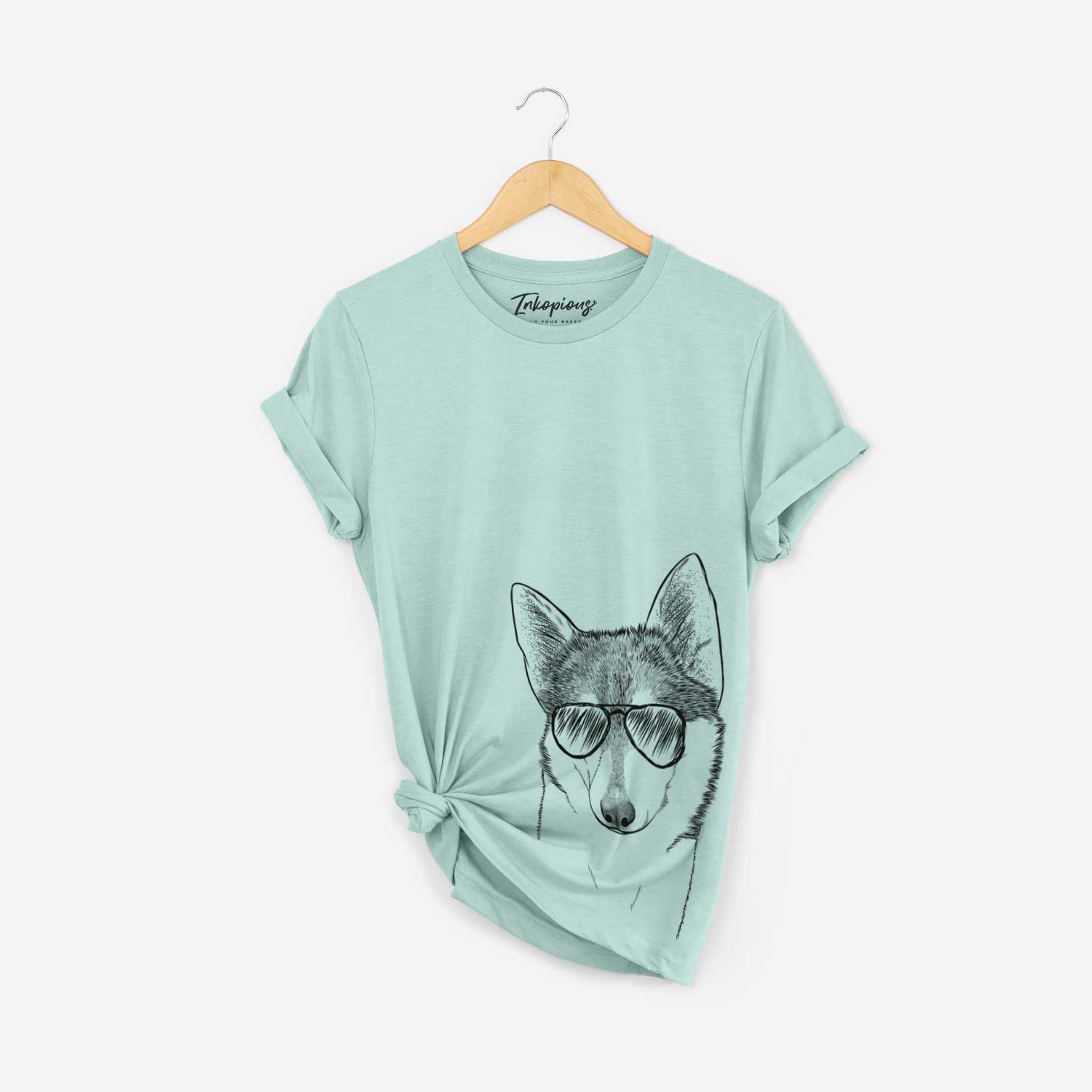 Hand-drawn sketch of Nami the Alaskan Klee Kai wearing aviator sunglasses on a Heather Sage Bella Canvas Unisex Crewneck