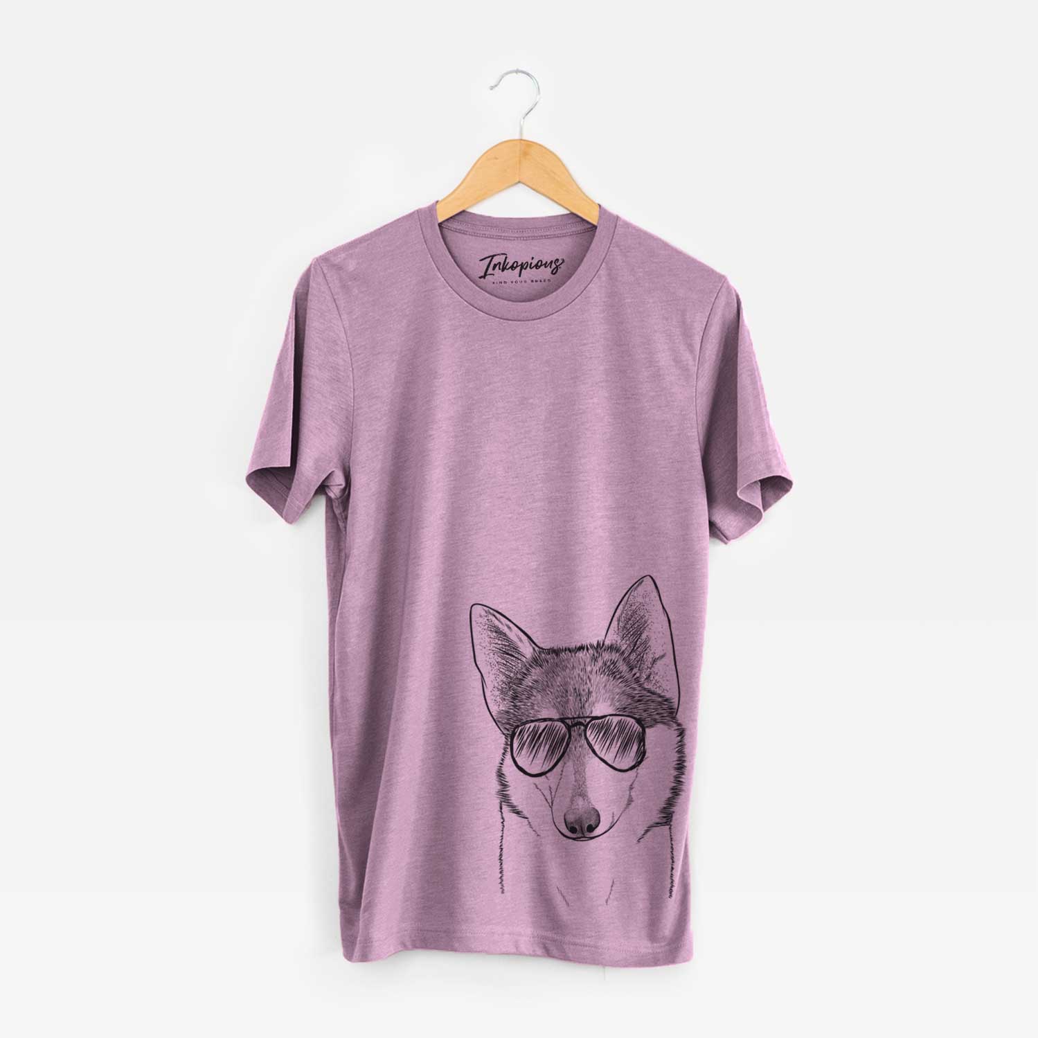 Hand-drawn sketch of Nami the Alaskan Klee Kai wearing aviator sunglasses on an Orchid Bella Canvas Unisex Crewneck