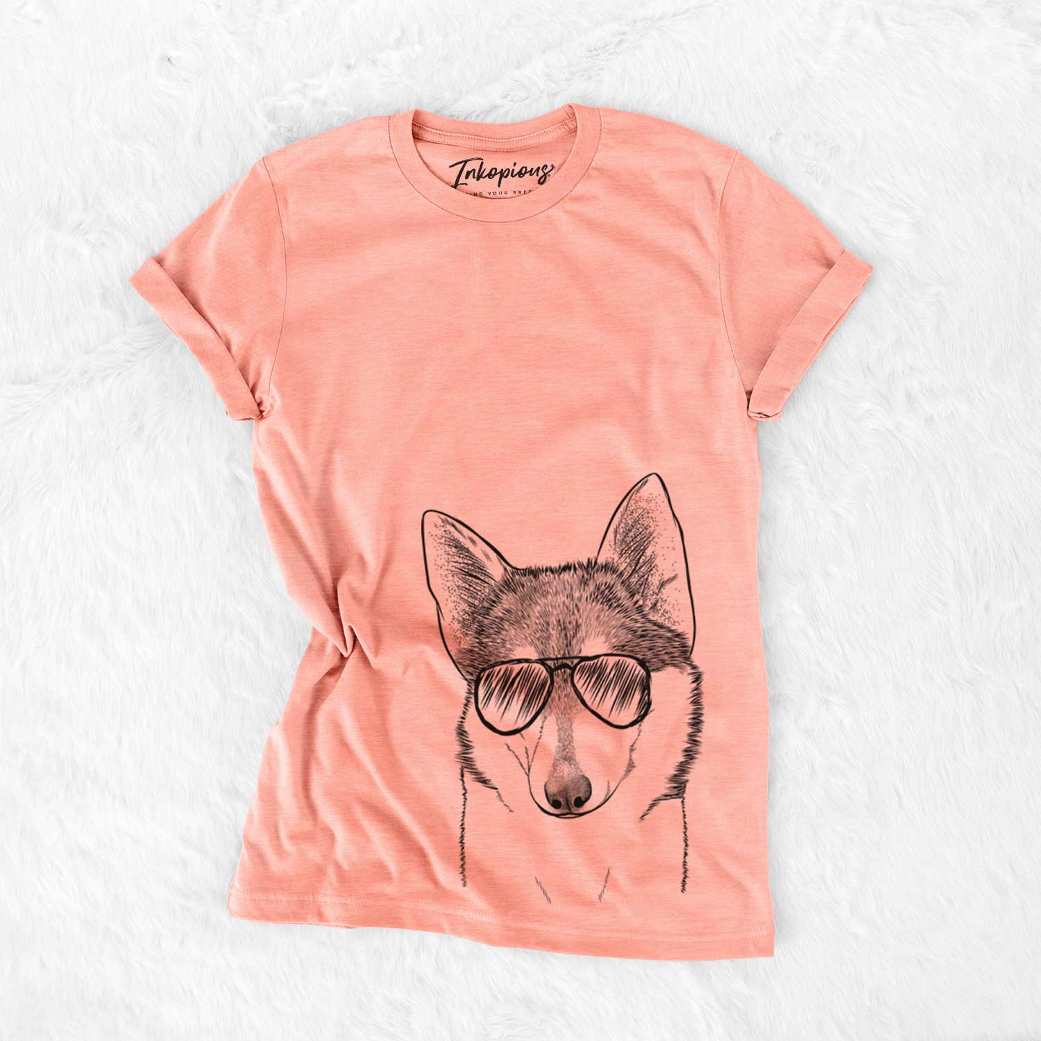 Hand-drawn sketch of Nami the Alaskan Klee Kai wearing aviator sunglasses on a Sunset Bella Canvas Unisex Crewneck