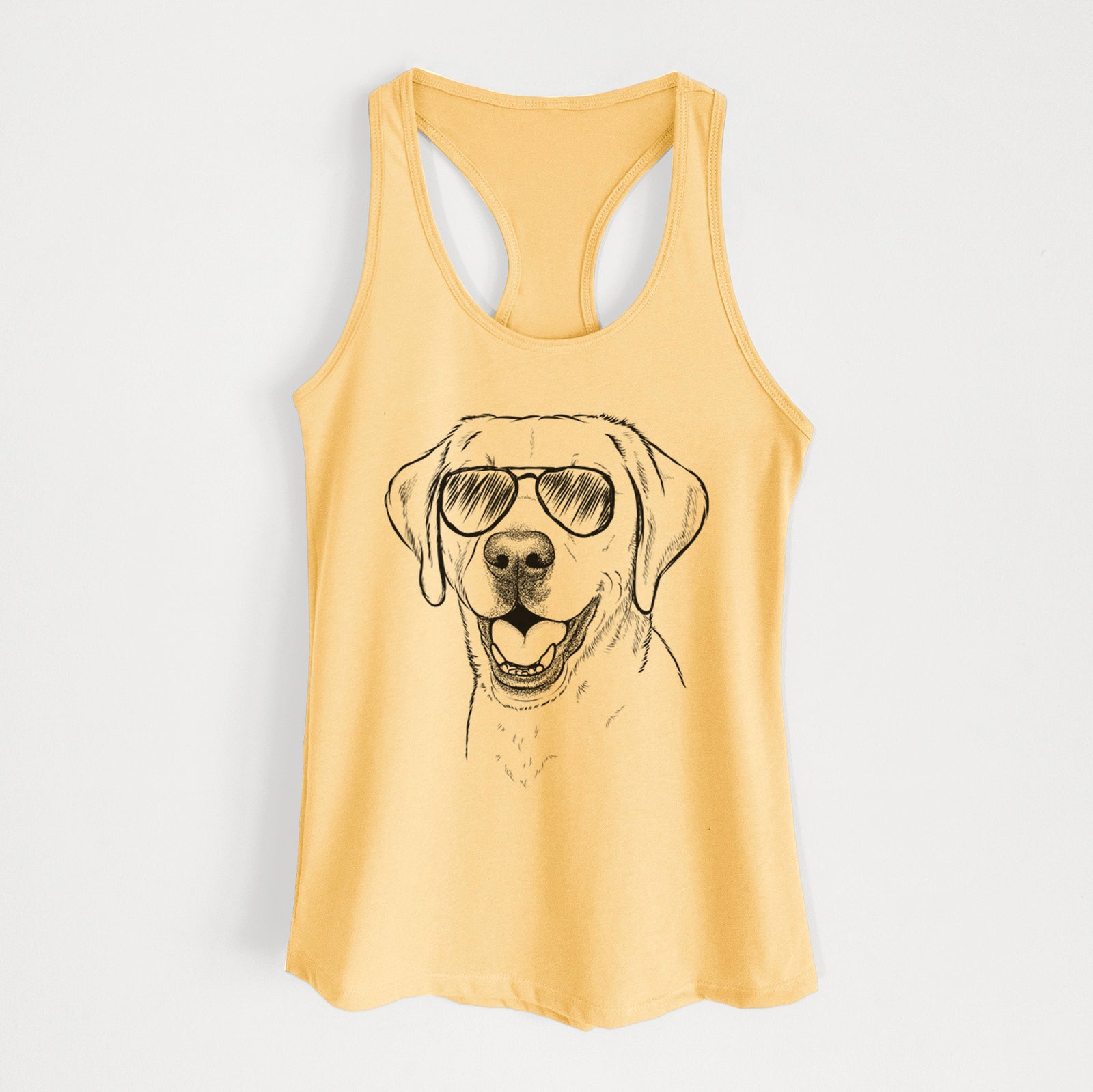 Hand-drawn sketch of Nate the Labrador Retriever wearing aviator sunglasses on a Banana Cream Women's racerback tanktop