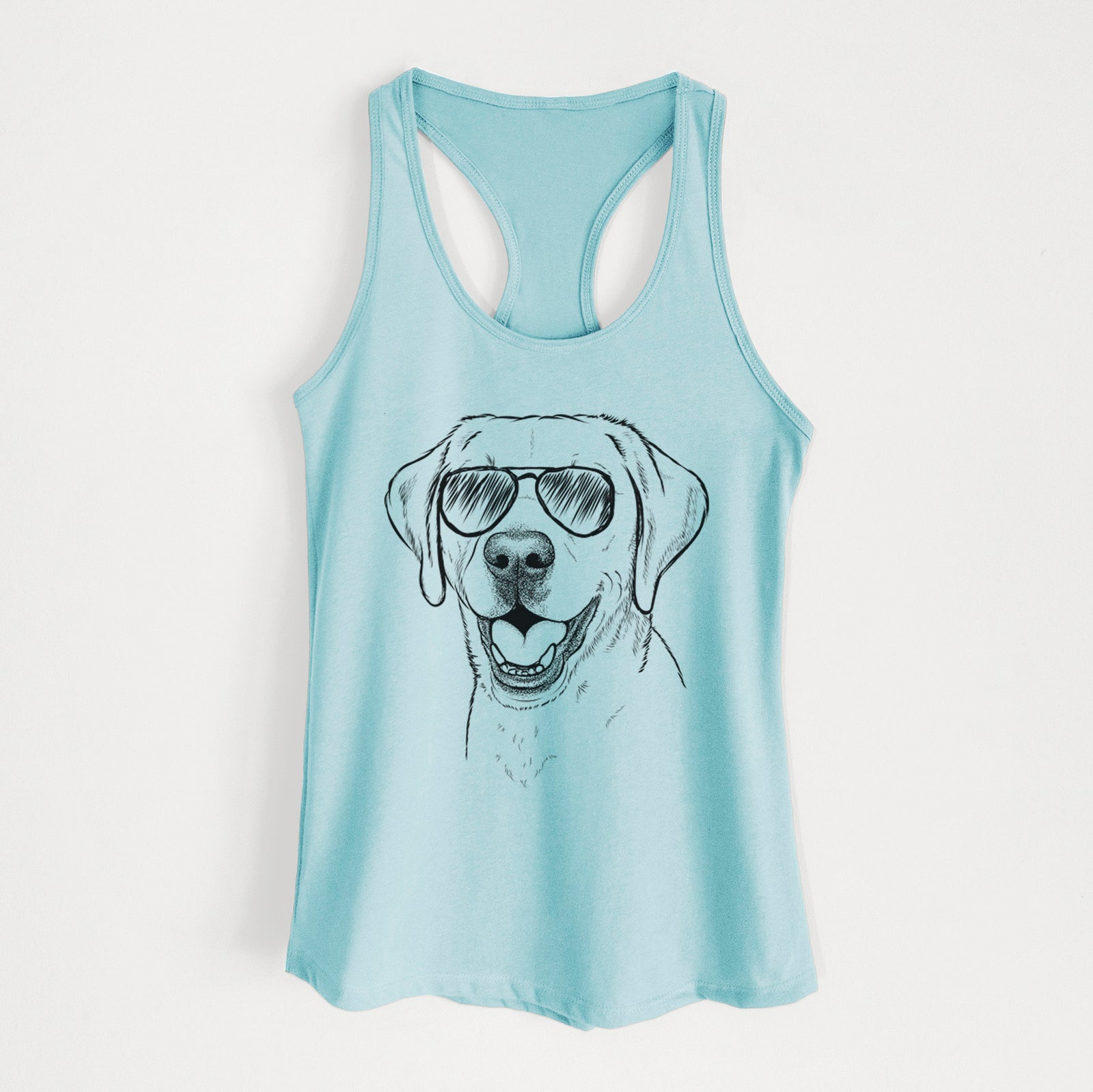 Hand-drawn sketch of Nate the Labrador Retriever wearing aviator sunglasses on a Cancun Blue Women's racerback tanktop