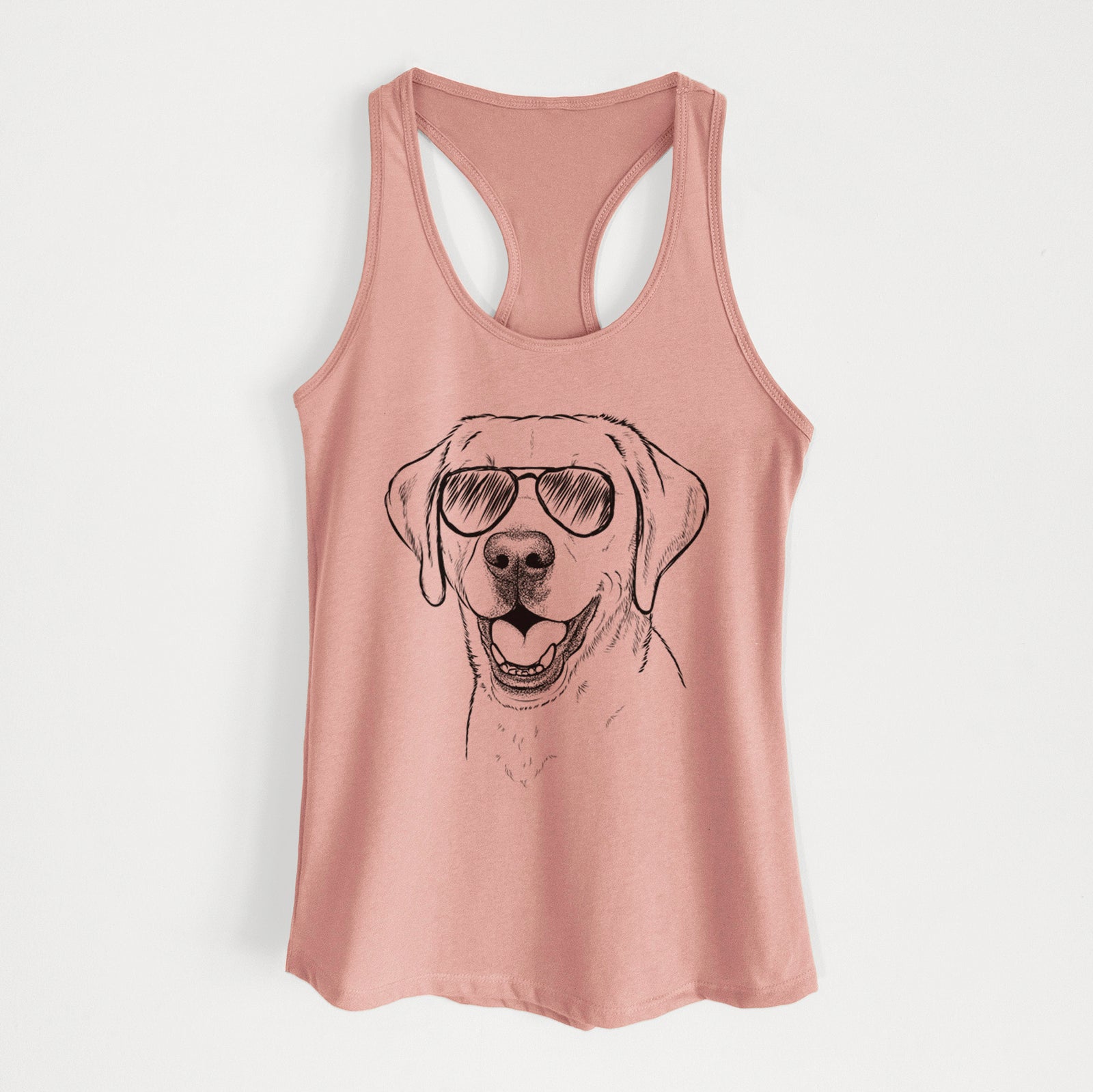 Hand-drawn sketch of Nate the Labrador Retriever wearing aviator sunglasses on a Desert Pink Women's racerback tanktop
