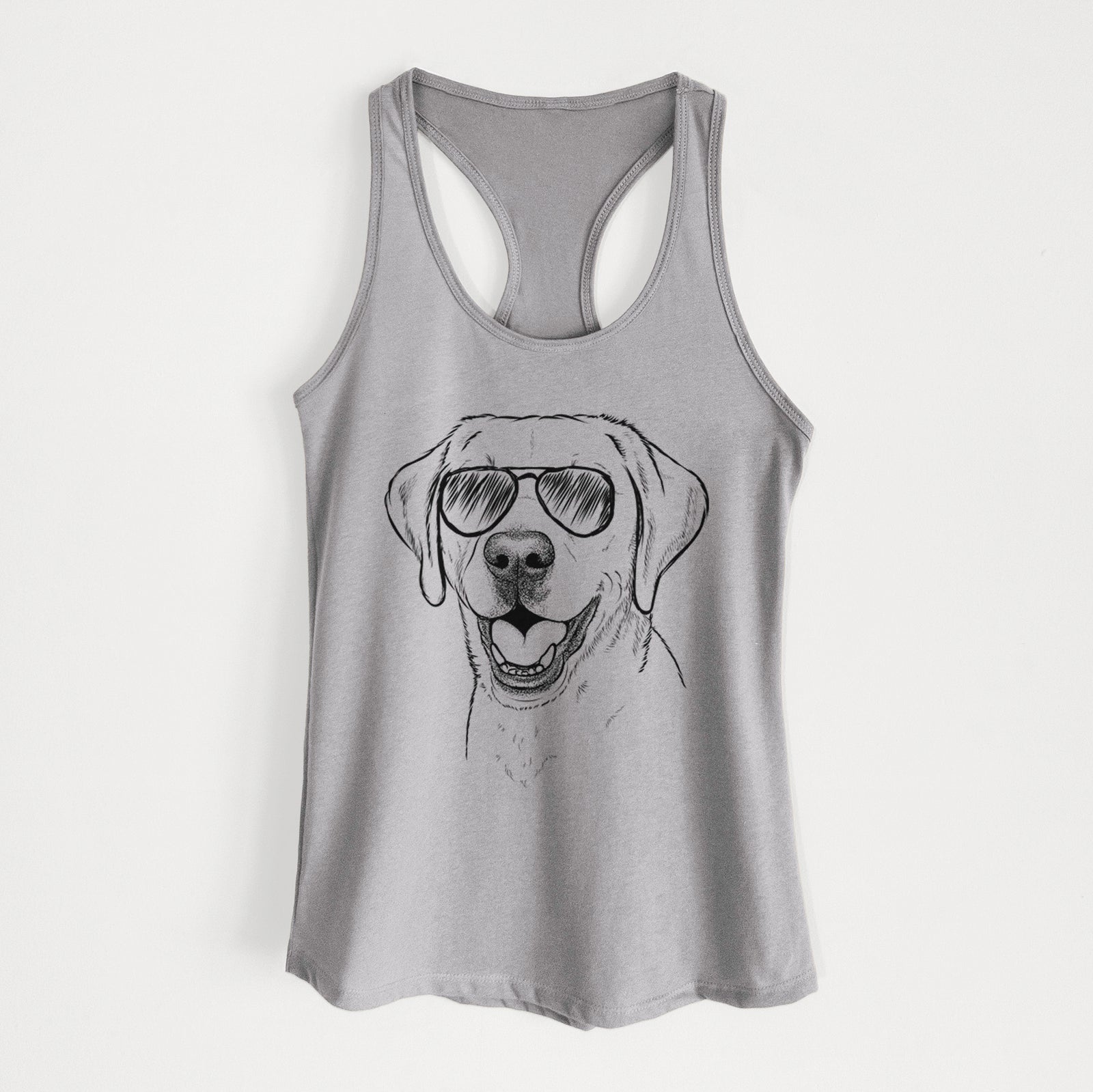 Hand-drawn sketch of Nate the Labrador Retriever wearing aviator sunglasses on a Heather Grey Women's racerback tanktop