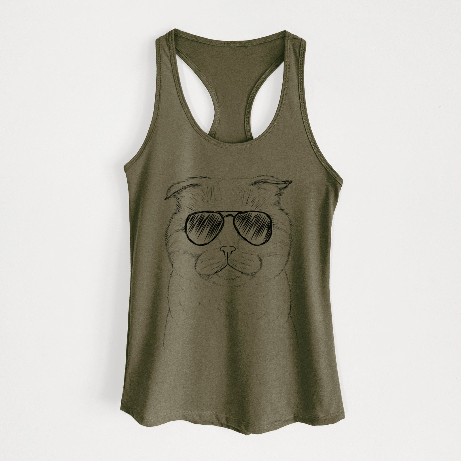 Hand-drawn sketch of Neko the Scottish Fold Cat wearing aviator sunglasses on a Military Green Women's racerback tanktop
