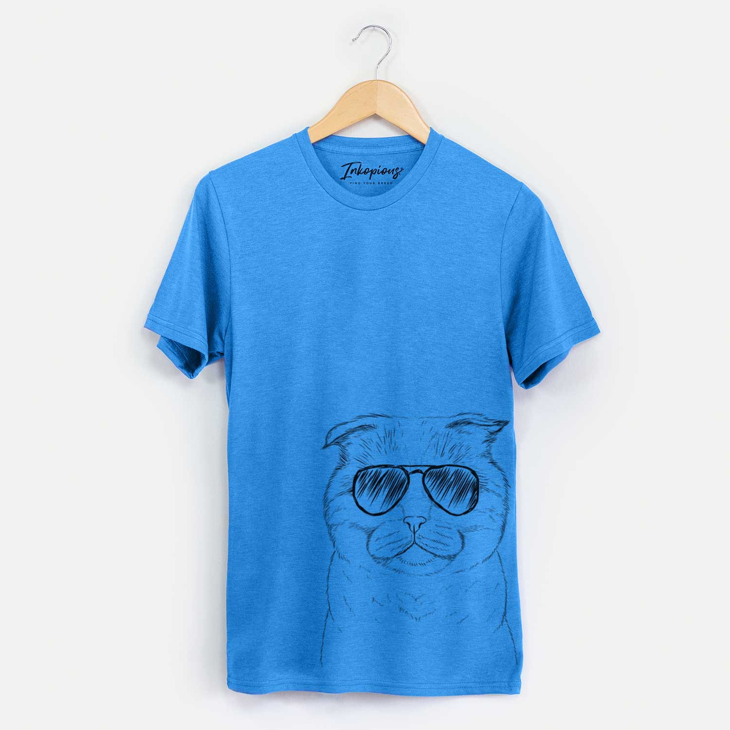 Hand-drawn sketch of Neko the Scottish Fold Cat wearing aviator sunglasses on a Blue Unisex crewneck