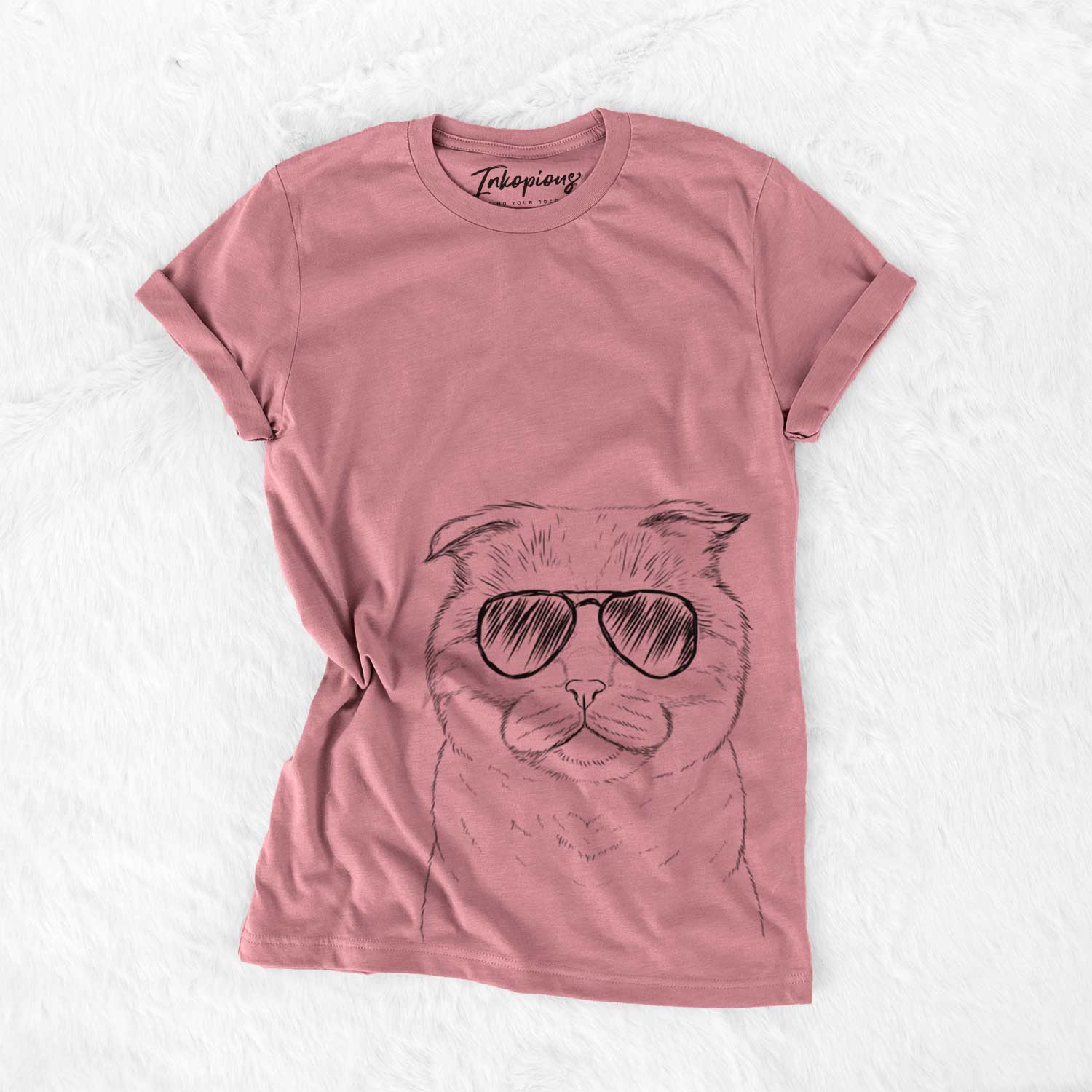 Hand-drawn sketch of Neko the Scottish Fold Cat wearing aviator sunglasses on a Mauve Unisex crewneck