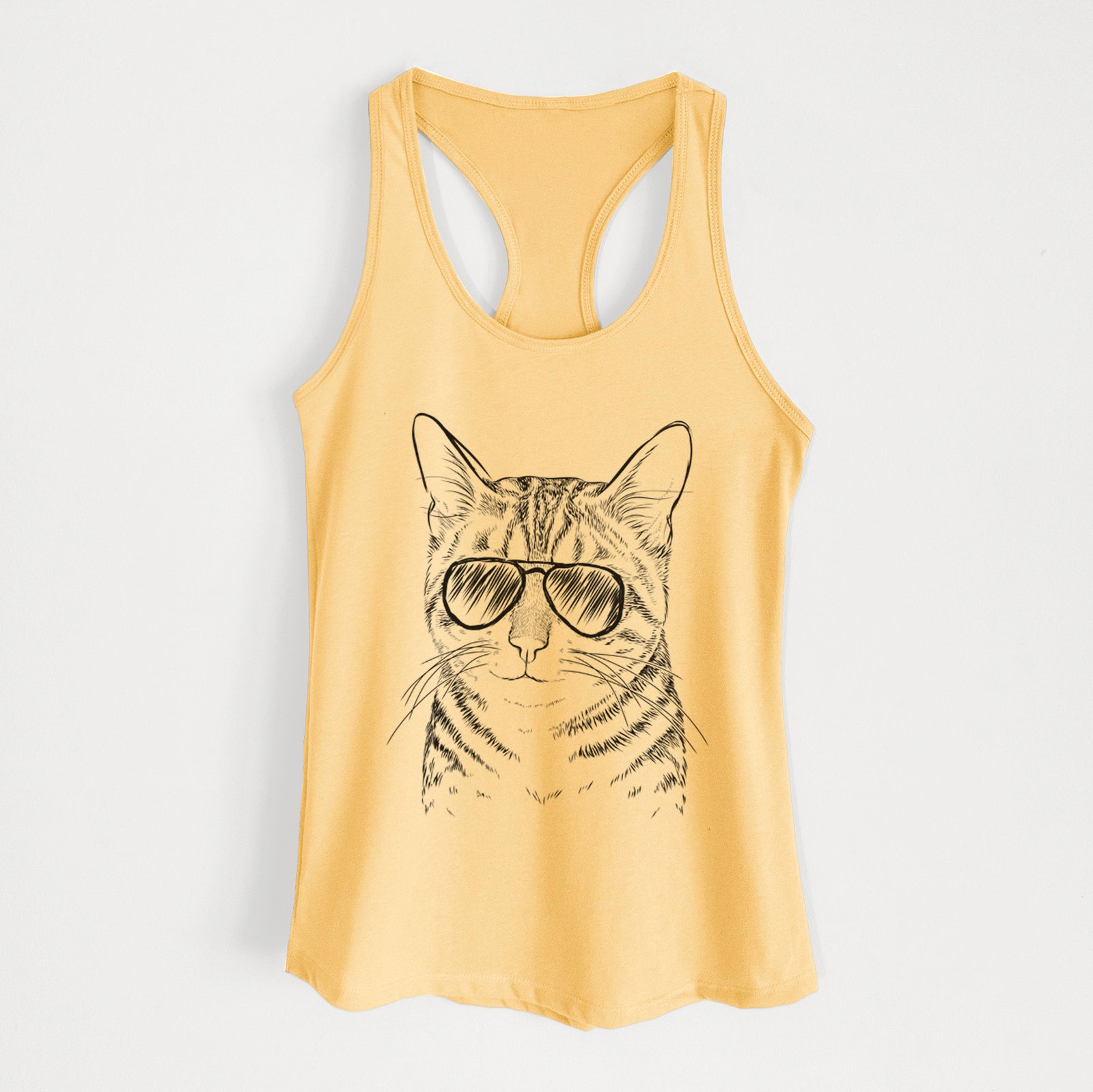 Hand-drawn sketch of Nell the Tabby Cat wearing aviator sunglasses on a Banana Cream Women's racerback tanktop