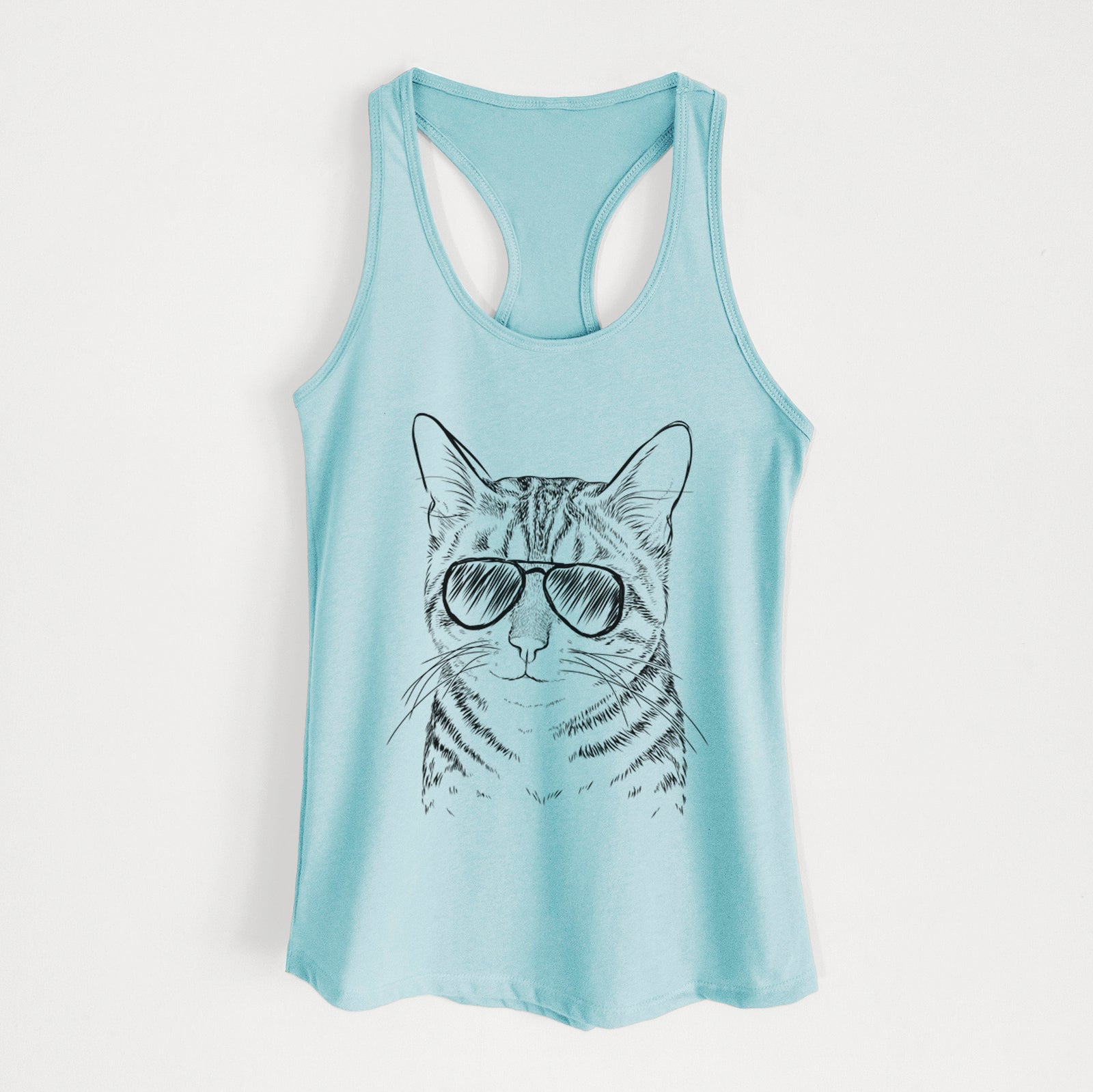 Hand-drawn sketch of Nell the Tabby Cat wearing aviator sunglasses on a Cancun Blue Women's racerback tanktop