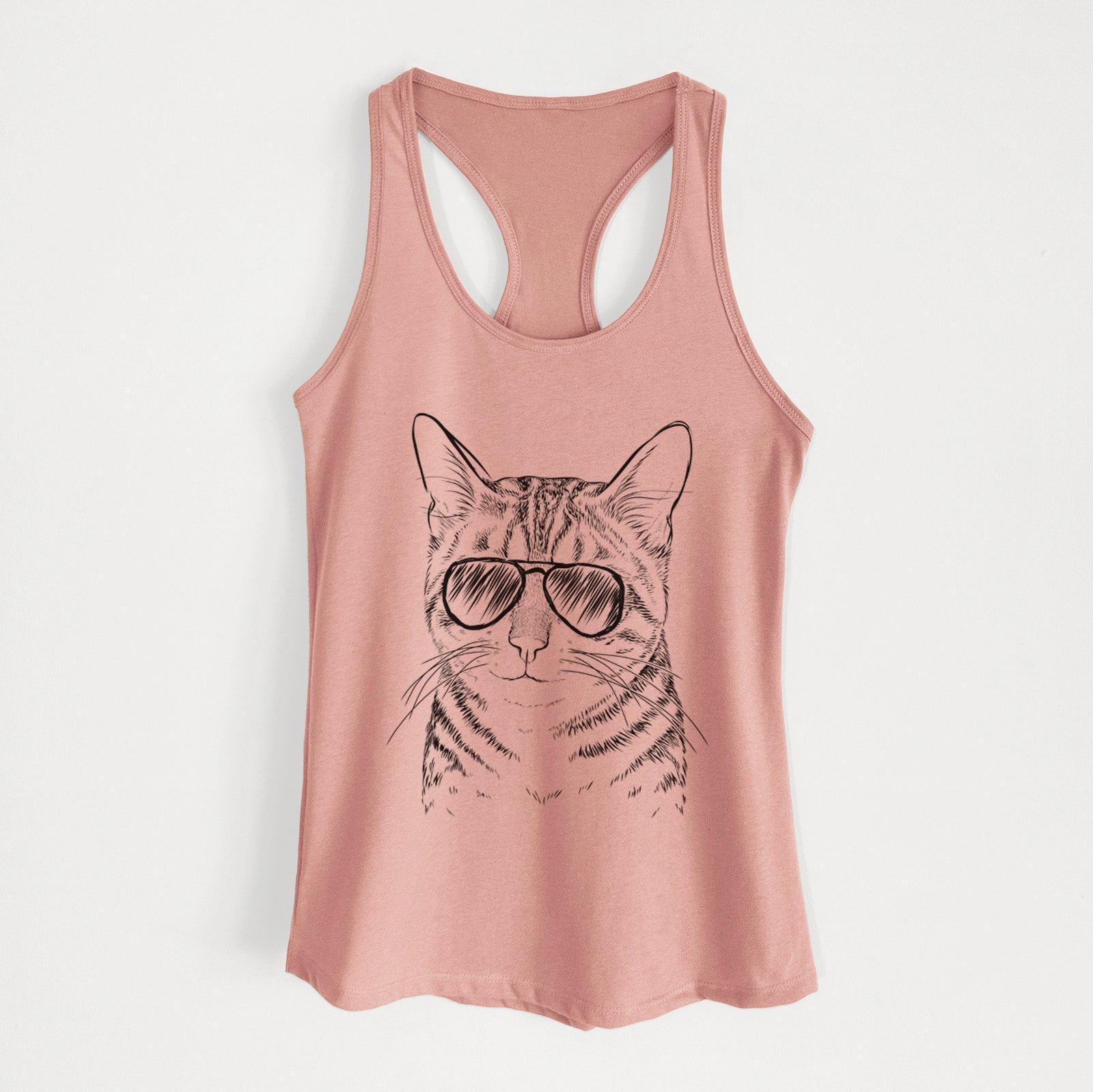 Hand-drawn sketch of Nell the Tabby Cat wearing aviator sunglasses on a Desert Pink Women's racerback tanktop