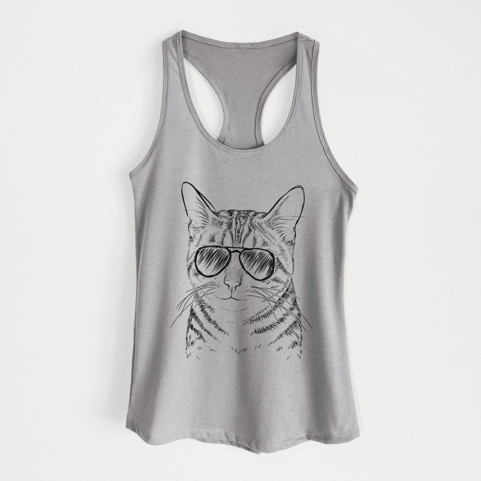 Hand-drawn sketch of Nell the Tabby Cat wearing aviator sunglasses on a Heather Grey Women's racerback tanktop