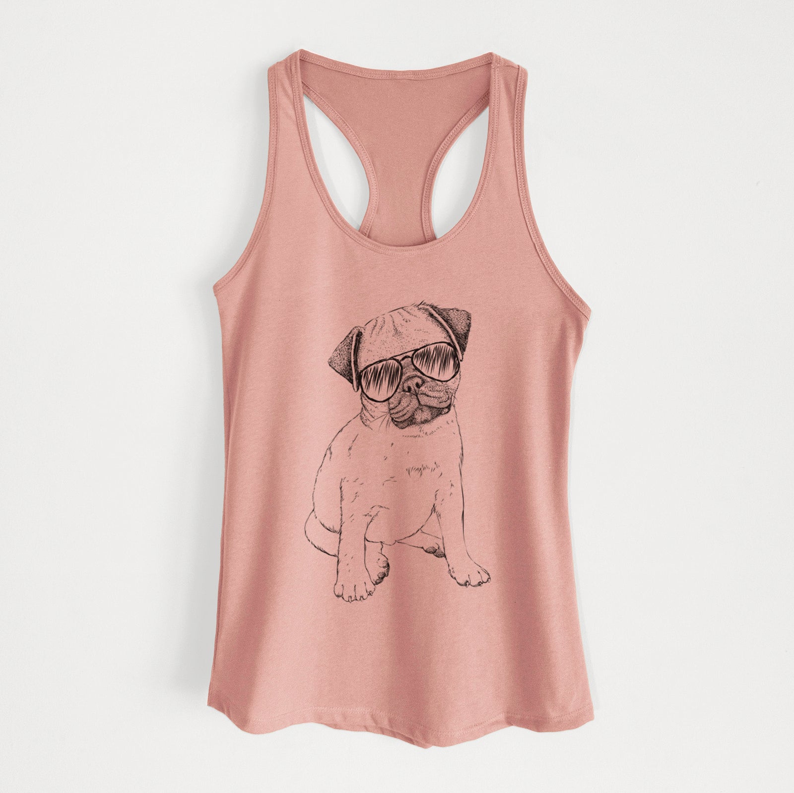 Hand-drawn sketch of Nelson the Pug Puppy wearing aviator sunglasses on a Desert Pink Women's racerback tanktop
