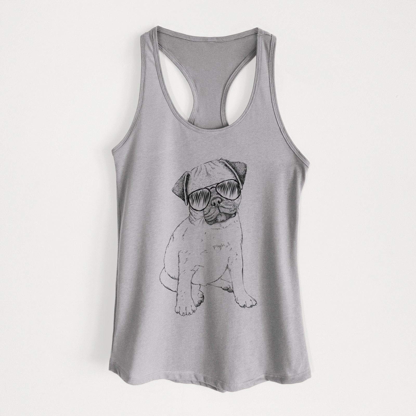 Hand-drawn sketch of Nelson the Pug Puppy wearing aviator sunglasses on a Heather Grey Women's racerback tanktop