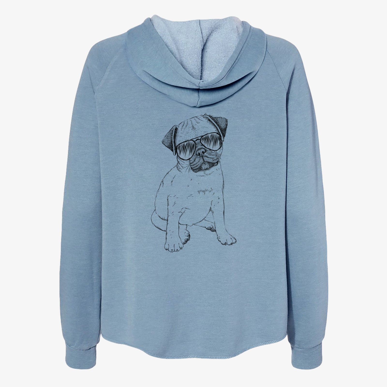 Hand-drawn sketch of Nelson the Pug Puppy wearing aviator sunglasses on a Misty Blue Women's cali wave zip-up sweatshirt