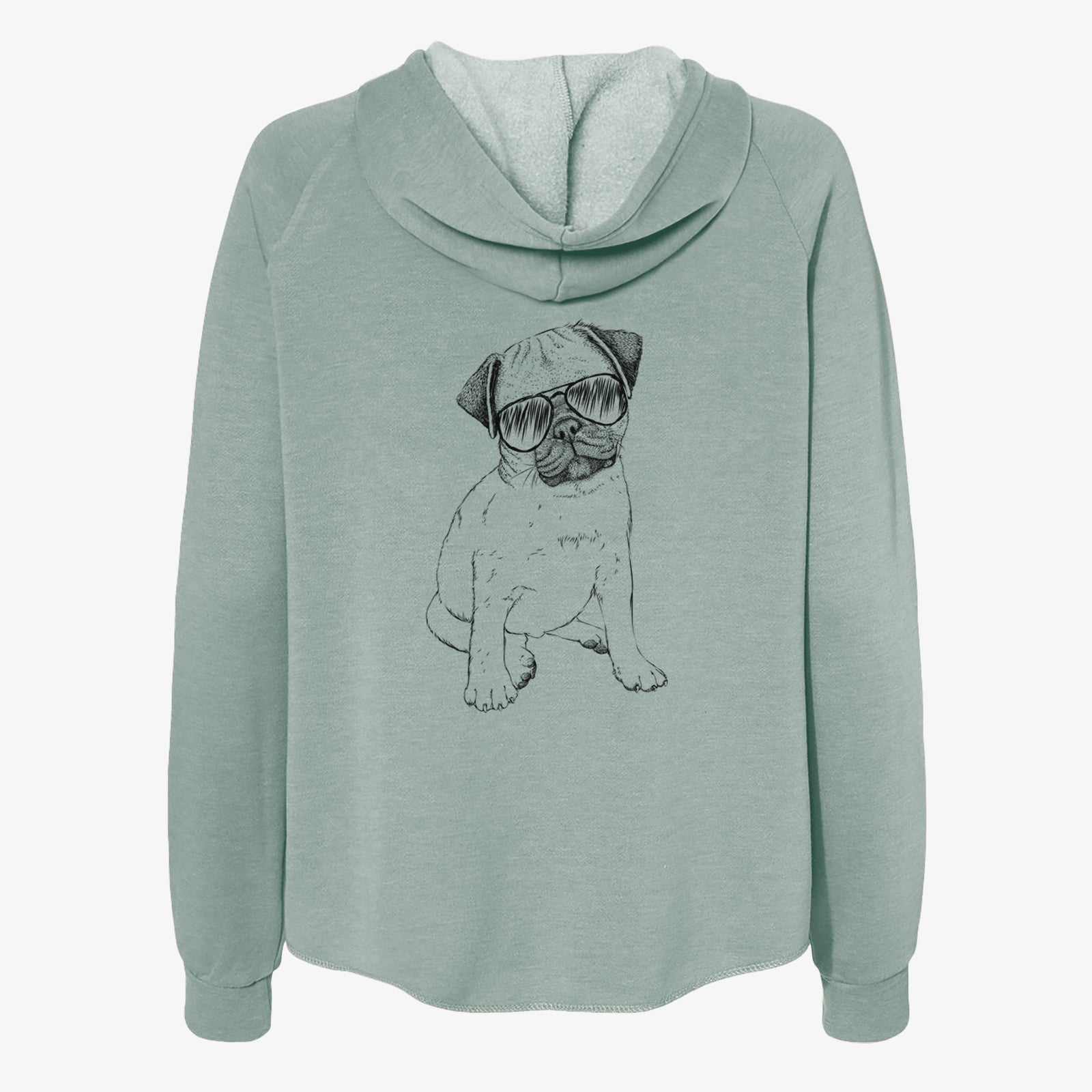 Hand-drawn sketch of Nelson the Pug Puppy wearing aviator sunglasses on a Sage Women's cali wave zip-up sweatshirt