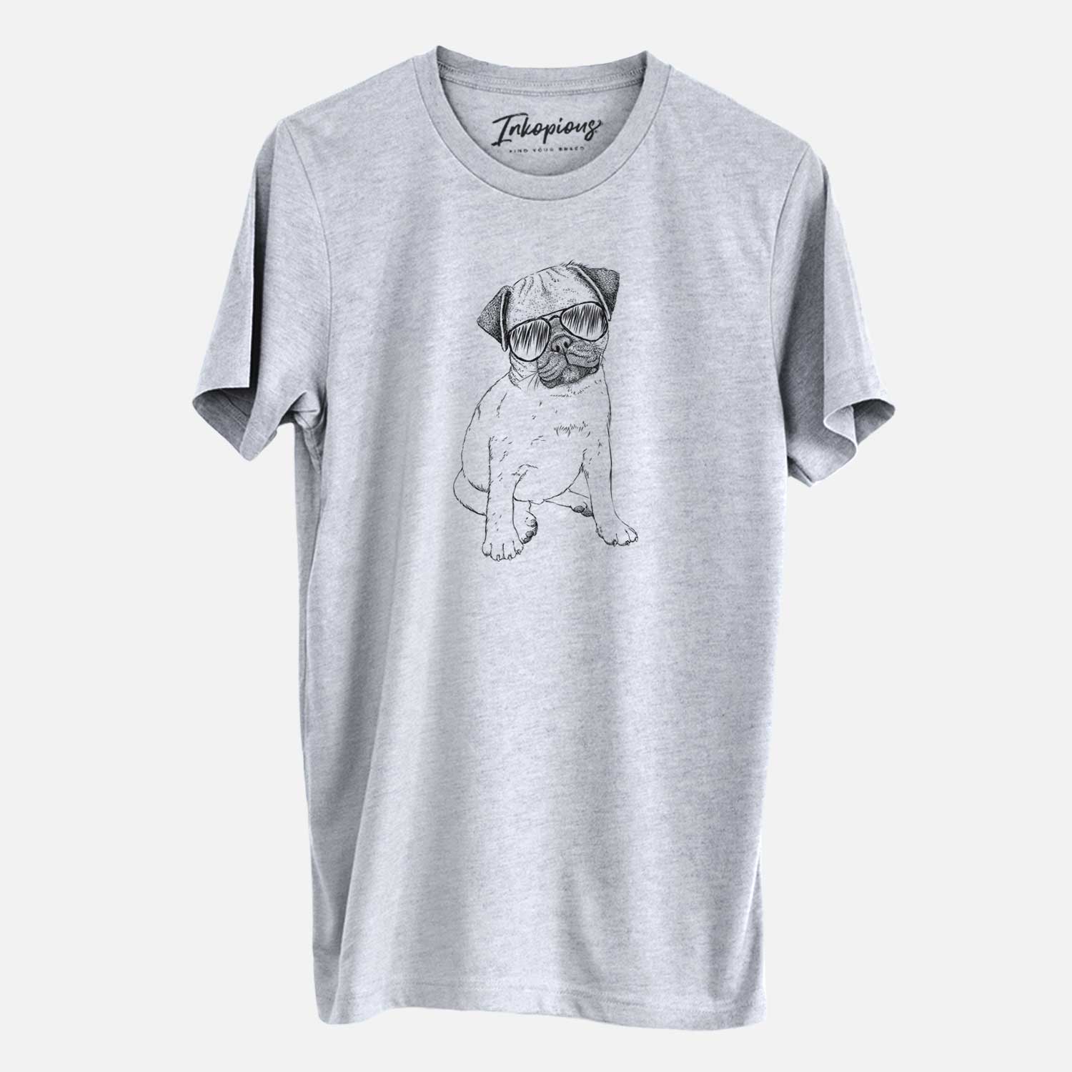 Hand-drawn sketch of Nelson the Pug Puppy wearing aviator sunglasses on a Grey Unisex crewneck
