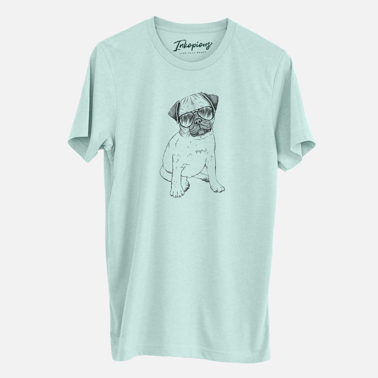 Hand-drawn sketch of Nelson the Pug Puppy wearing aviator sunglasses on a Heather Sage Unisex crewneck