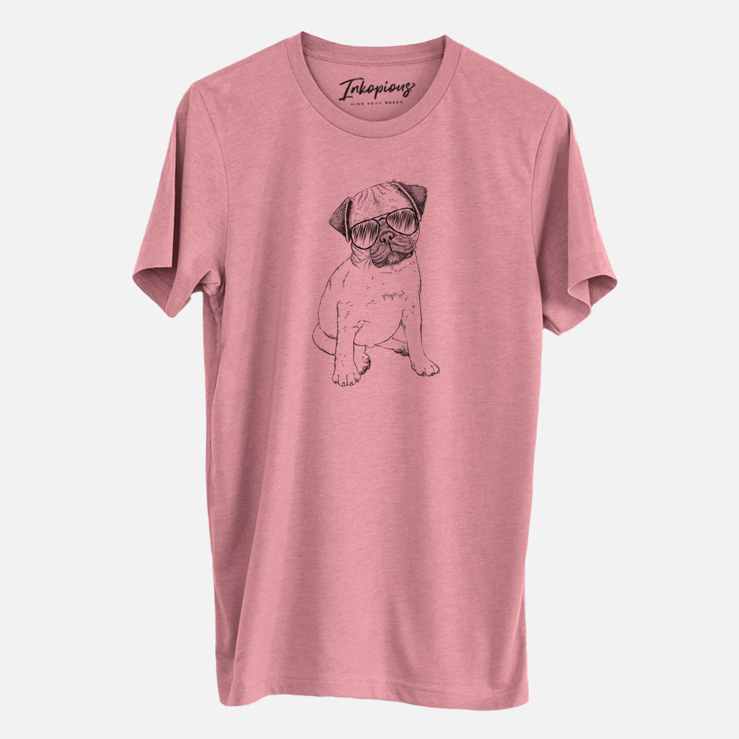 Hand-drawn sketch of Nelson the Pug Puppy wearing aviator sunglasses on a Mauve Unisex crewneck