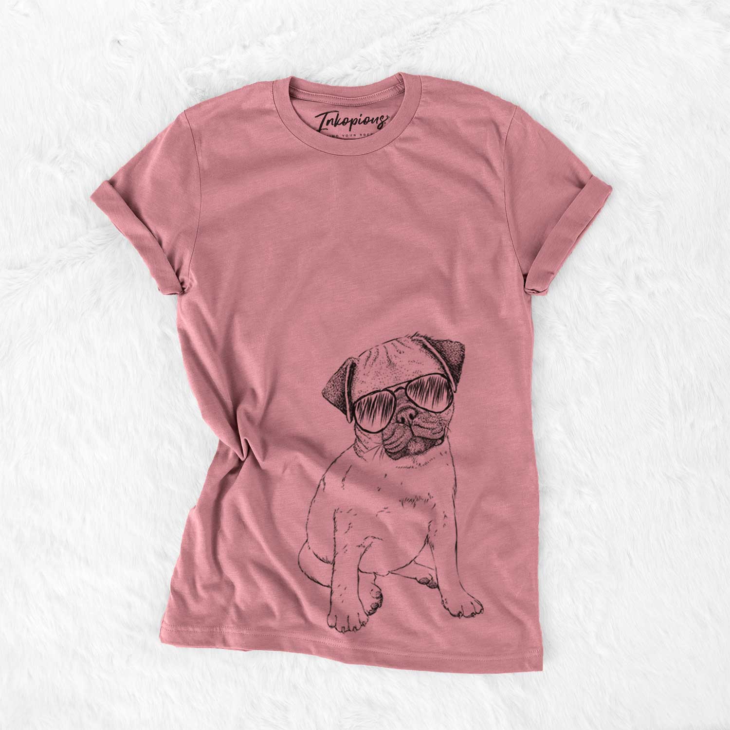 Hand-drawn sketch of Nelson the Pug Puppy wearing aviator sunglasses on a Mauve Bella Canvas Unisex Crewneck