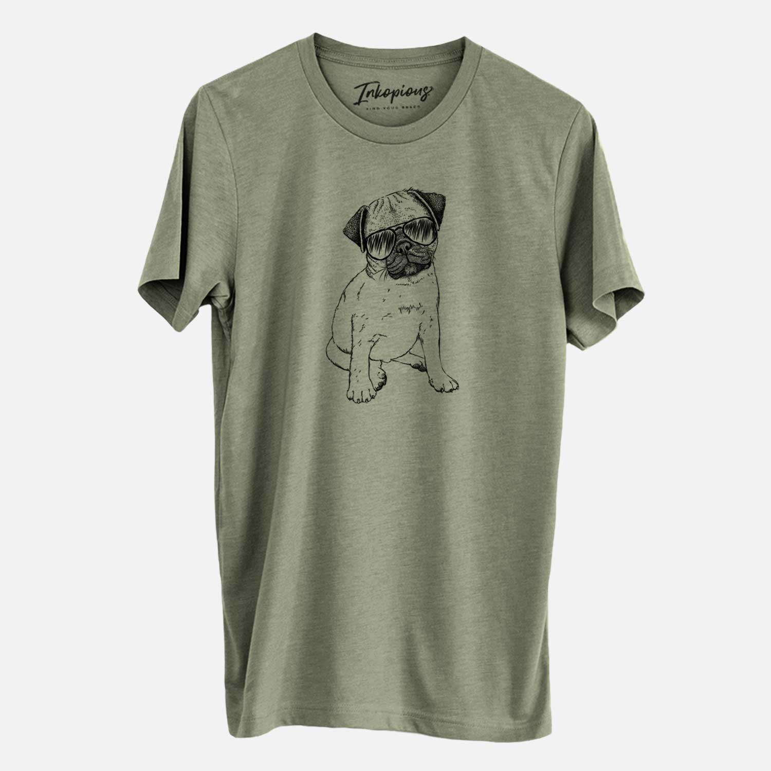 Hand-drawn sketch of Nelson the Pug Puppy wearing aviator sunglasses on an Olive Unisex crewneck