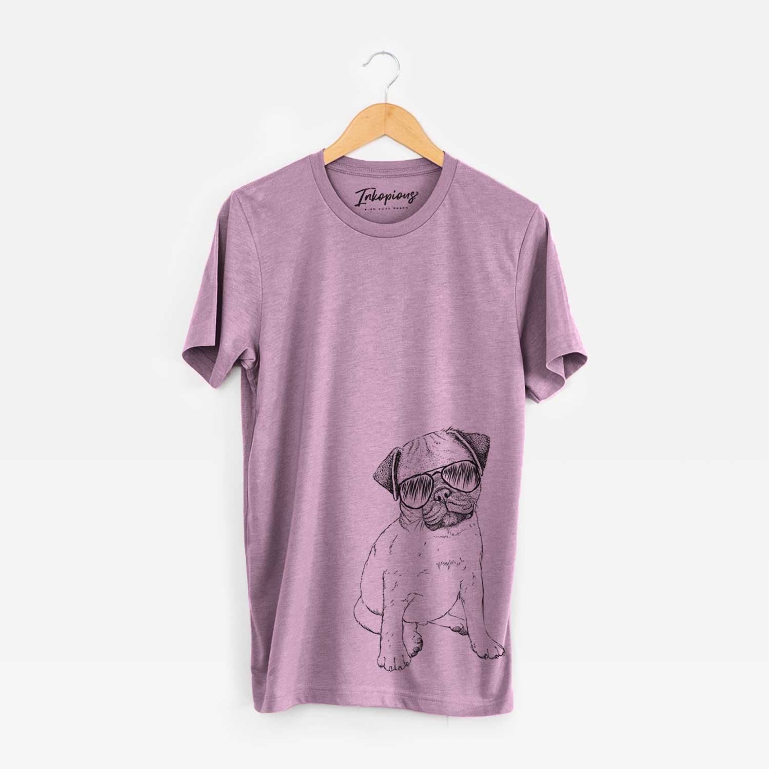 Hand-drawn sketch of Nelson the Pug Puppy wearing aviator sunglasses on an Orchid Bella Canvas Unisex Crewneck