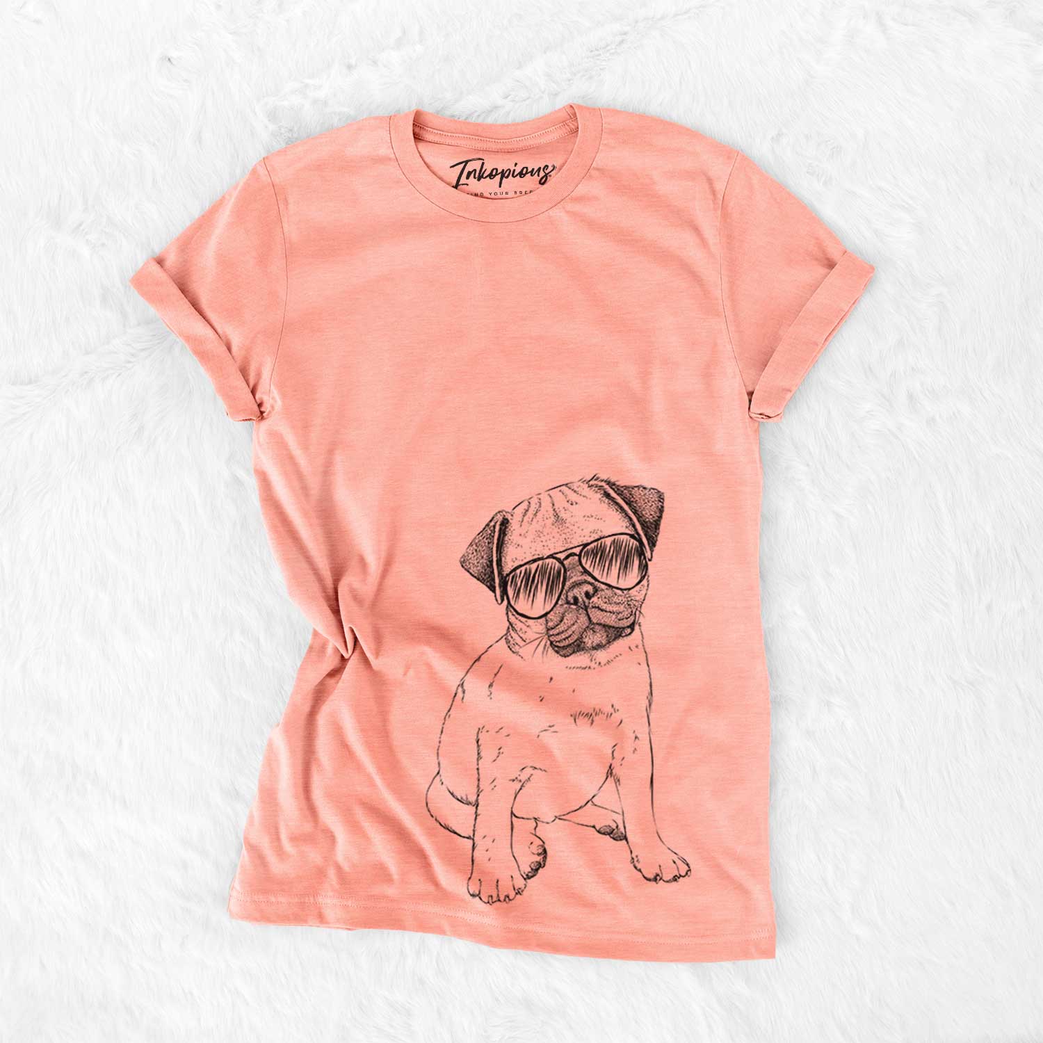 Hand-drawn sketch of Nelson the Pug Puppy wearing aviator sunglasses on a Sunset Bella Canvas Unisex Crewneck