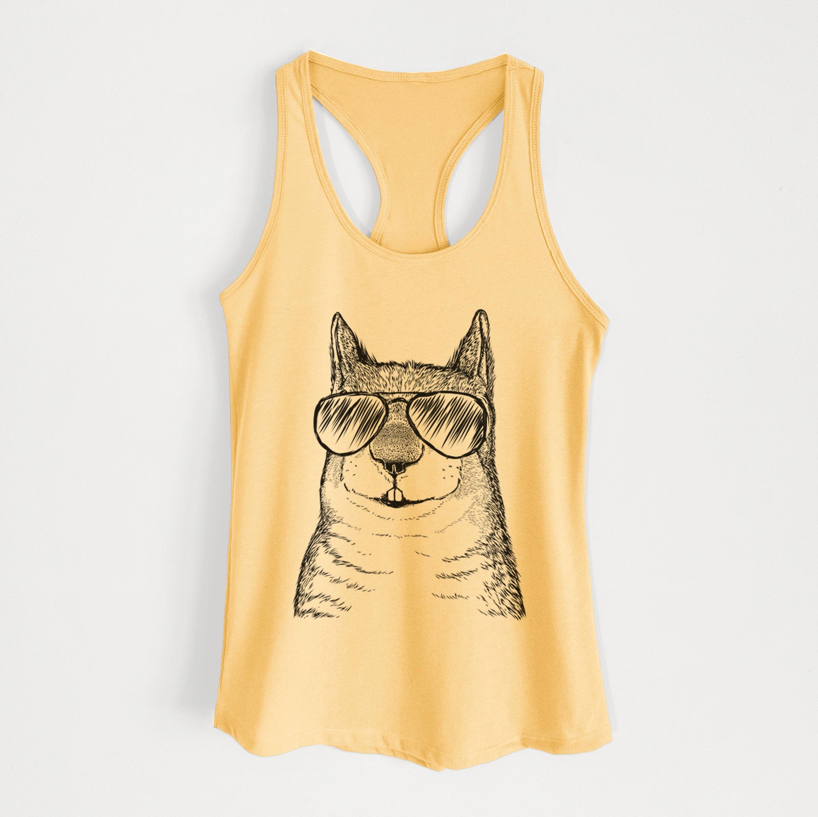Hand-drawn sketch of Nibbles the Squirrel wearing aviator sunglasses on a Banana Cream Women's racerback tanktop