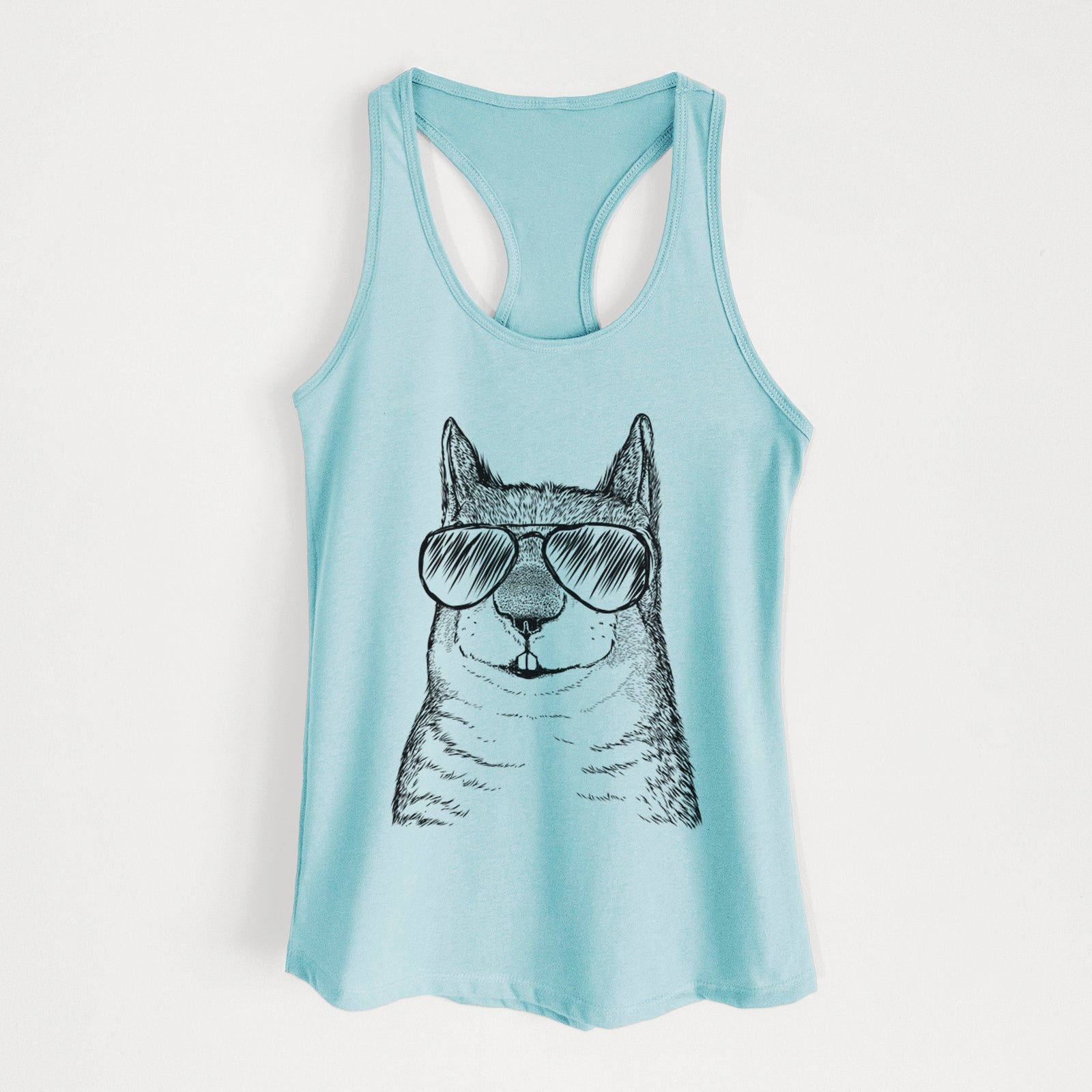 Hand-drawn sketch of Nibbles the Squirrel wearing aviator sunglasses on a Cancun Blue Women's racerback tanktop