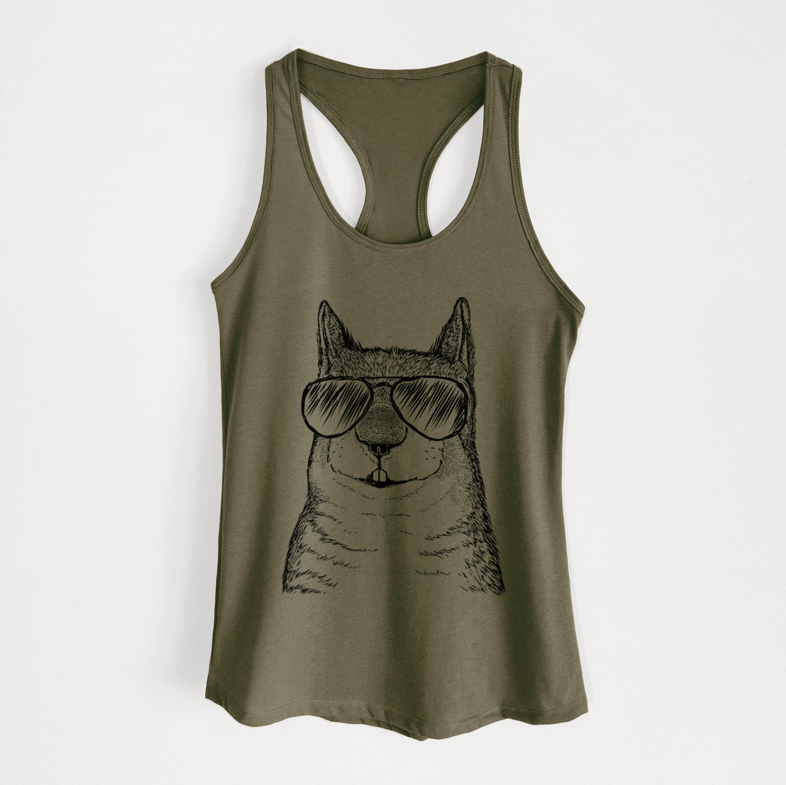 Hand-drawn sketch of Nibbles the Squirrel wearing aviator sunglasses on a Military Green Women's racerback tanktop