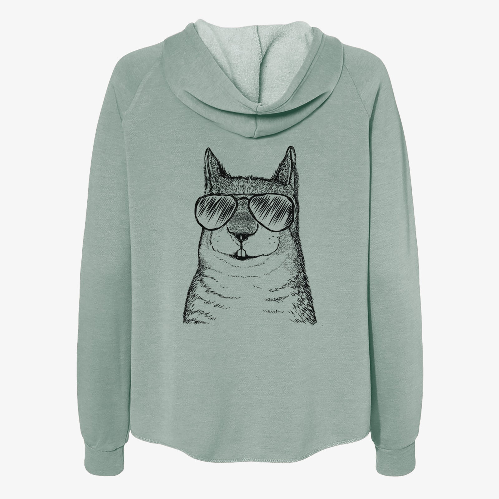 Hand-drawn sketch of Nibbles the Squirrel wearing aviator sunglasses on a Sage Women's cali wave zip-up sweatshirt