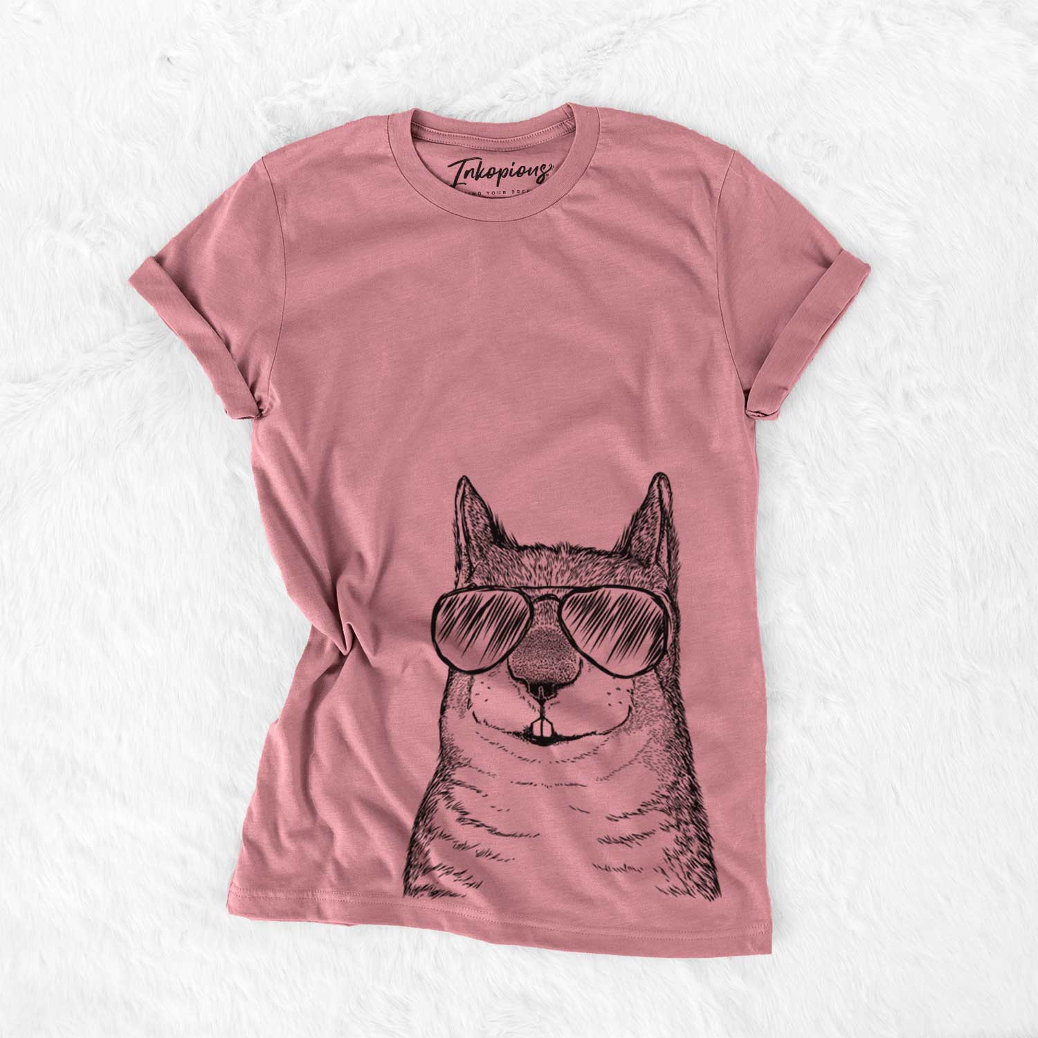 Hand-drawn sketch of Nibbles the Squirrel wearing aviator sunglasses on a Mauve Bella Canvas Unisex Crewneck