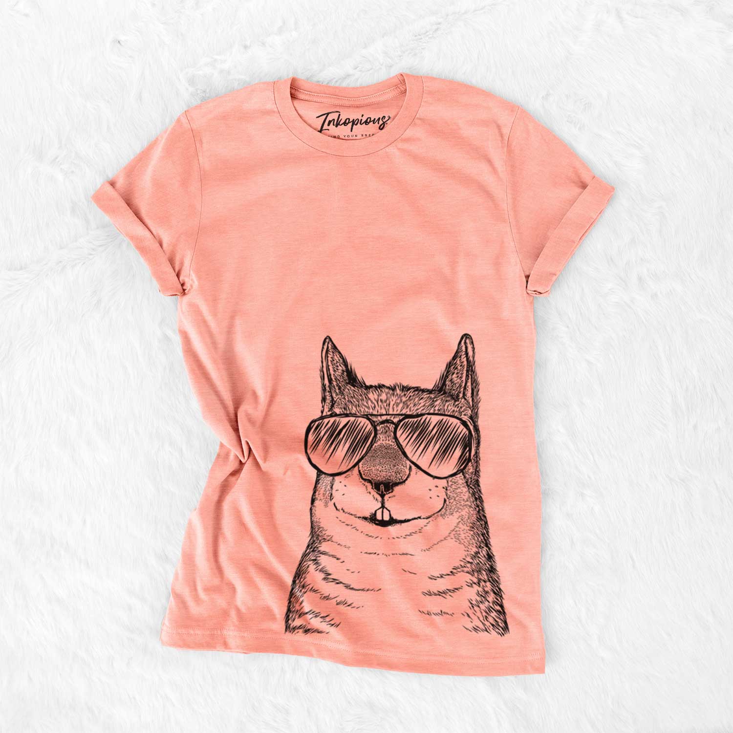 Hand-drawn sketch of Nibbles the Squirrel wearing aviator sunglasses on a Sunset Bella Canvas Unisex Crewneck