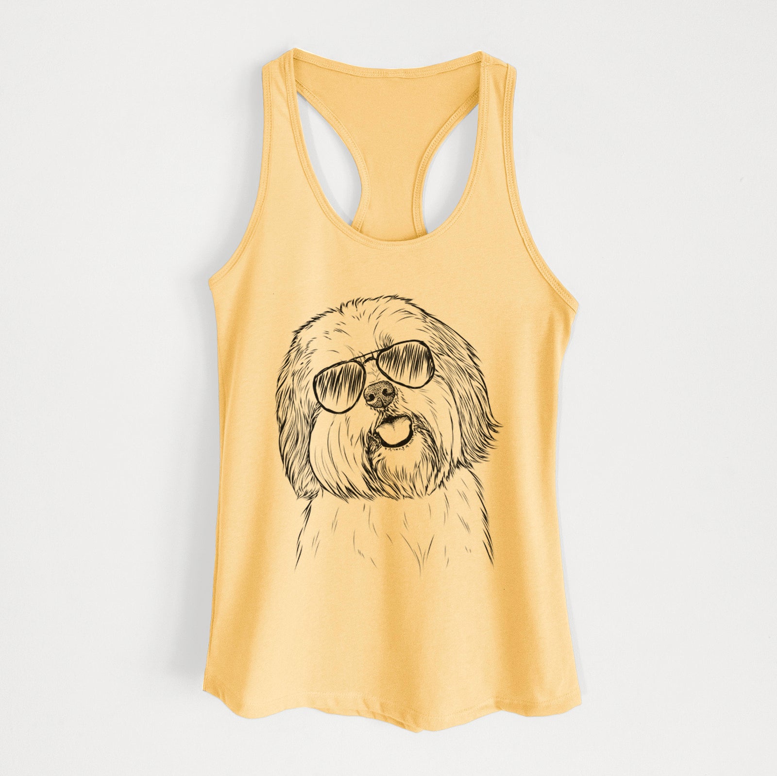 Hand-drawn sketch of Nikka the Lowchen wearing aviator sunglasses on a Banana Cream Women's racerback tanktop