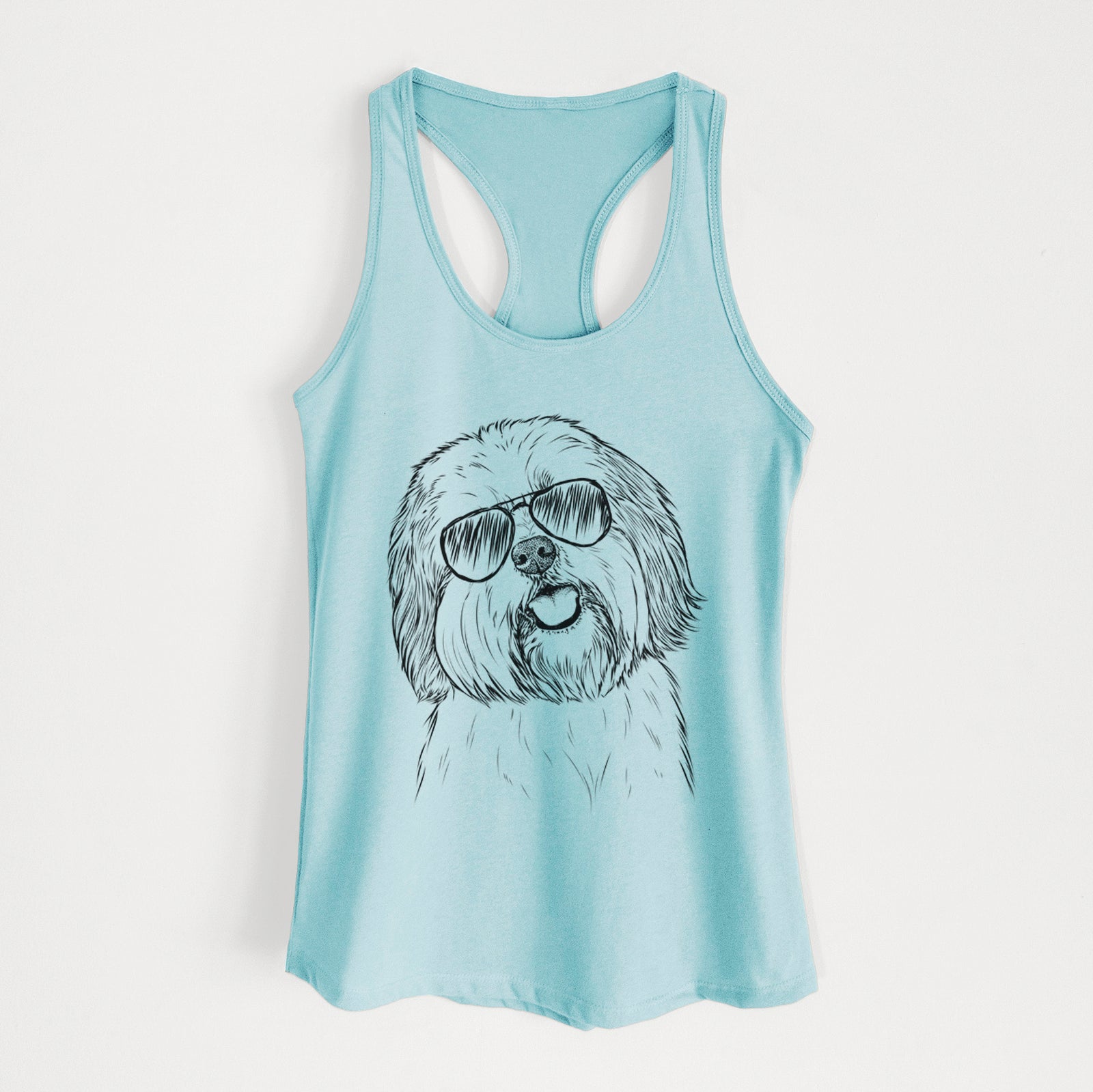 Hand-drawn sketch of Nikka the Lowchen wearing aviator sunglasses on a Cancun Blue Women's racerback tanktop
