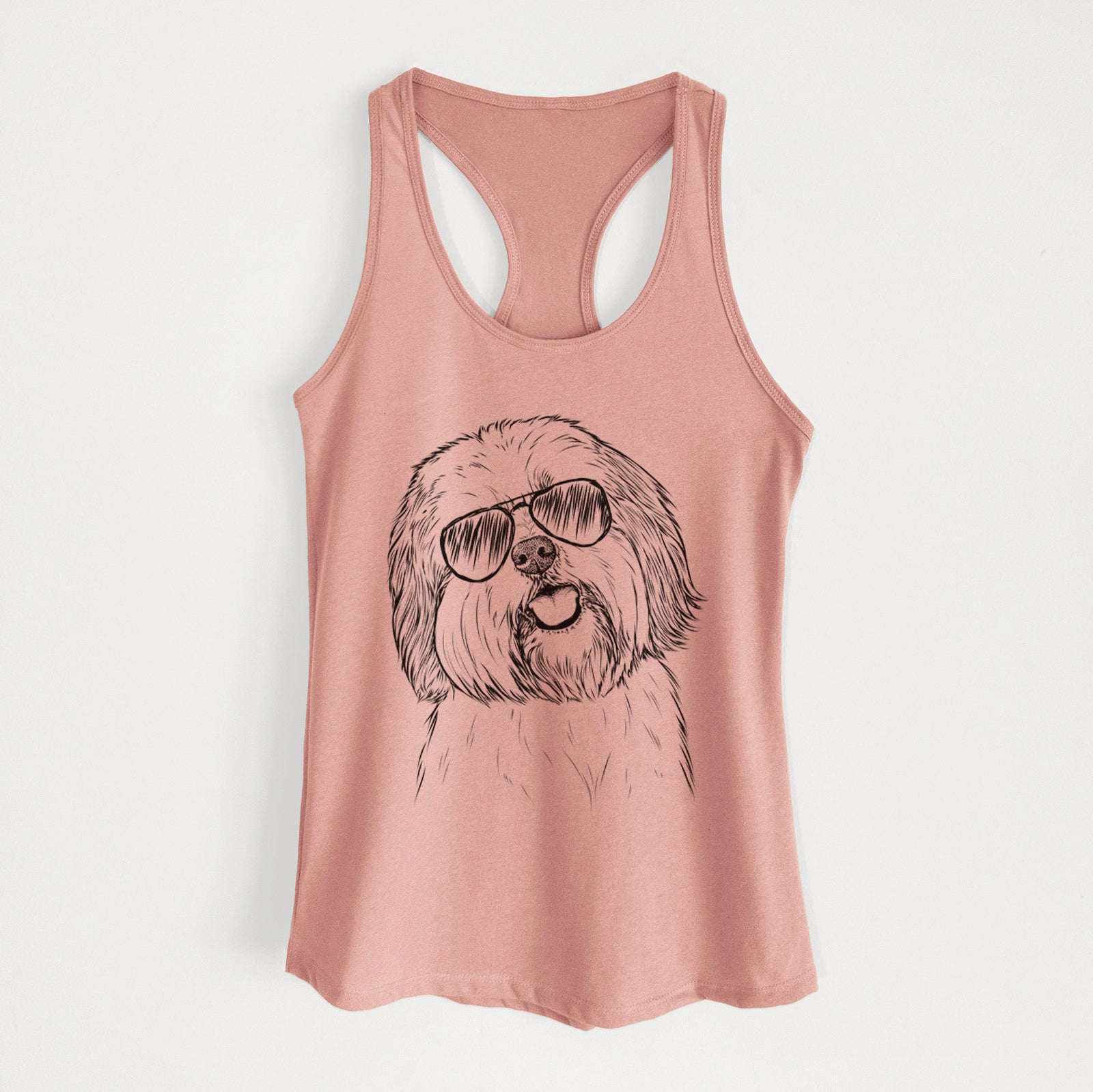 Hand-drawn sketch of Nikka the Lowchen wearing aviator sunglasses on a Desert Pink Women's racerback tanktop