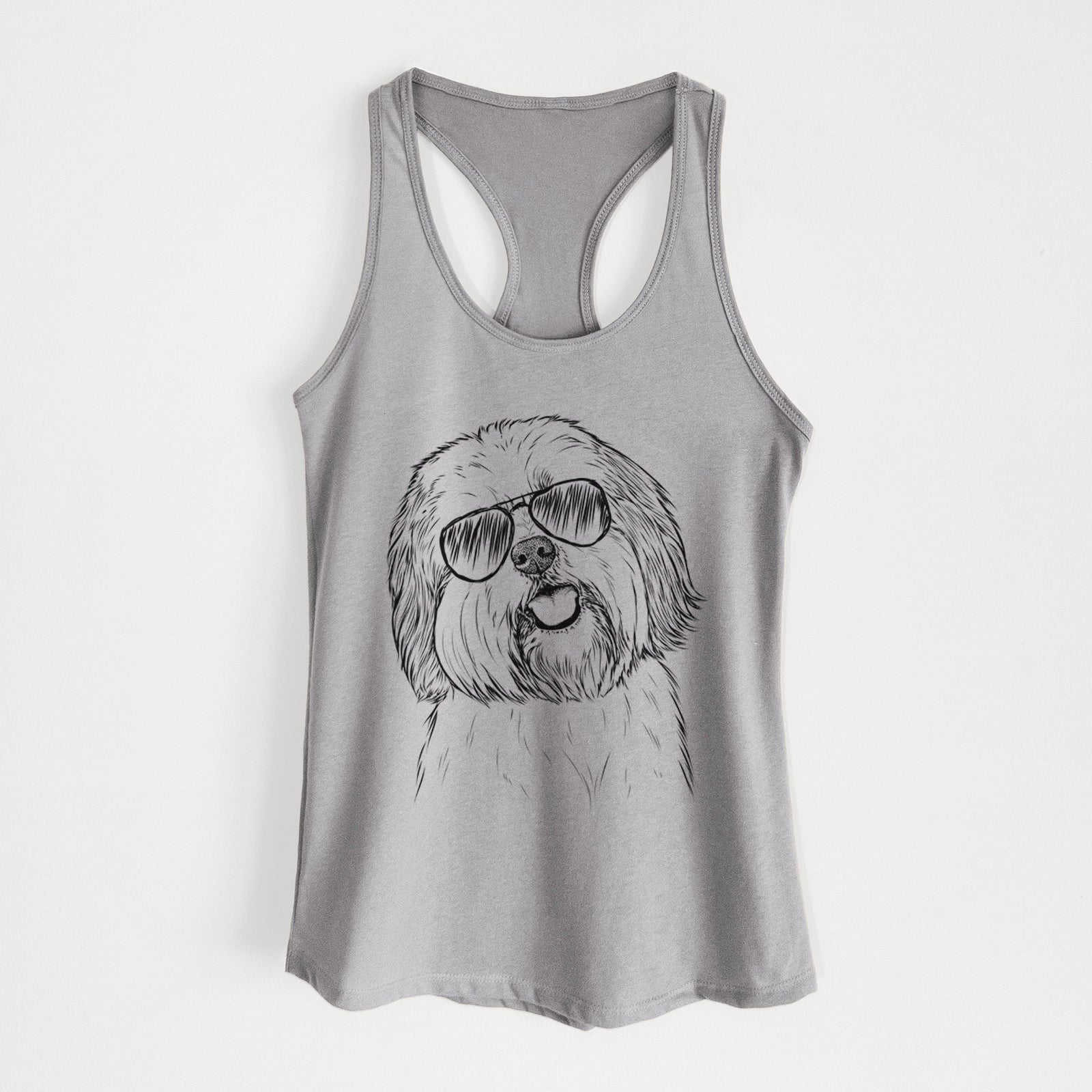 Hand-drawn sketch of Nikka the Lowchen wearing aviator sunglasses on a Heather Grey Women's racerback tanktop