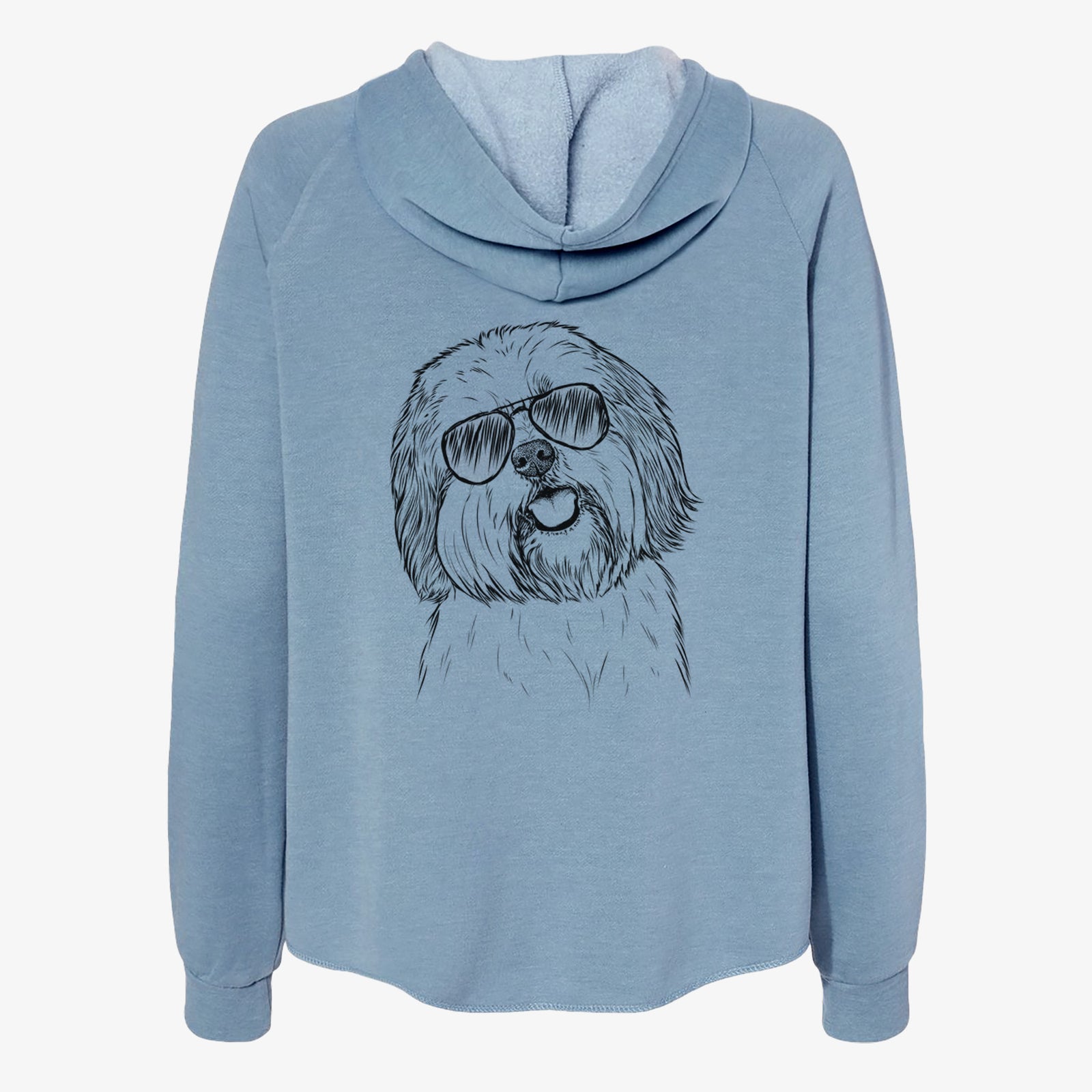 Hand-drawn sketch of Nikka the Lowchen wearing aviator sunglasses on a Misty Blue Women's cali wave zip-up sweatshirt