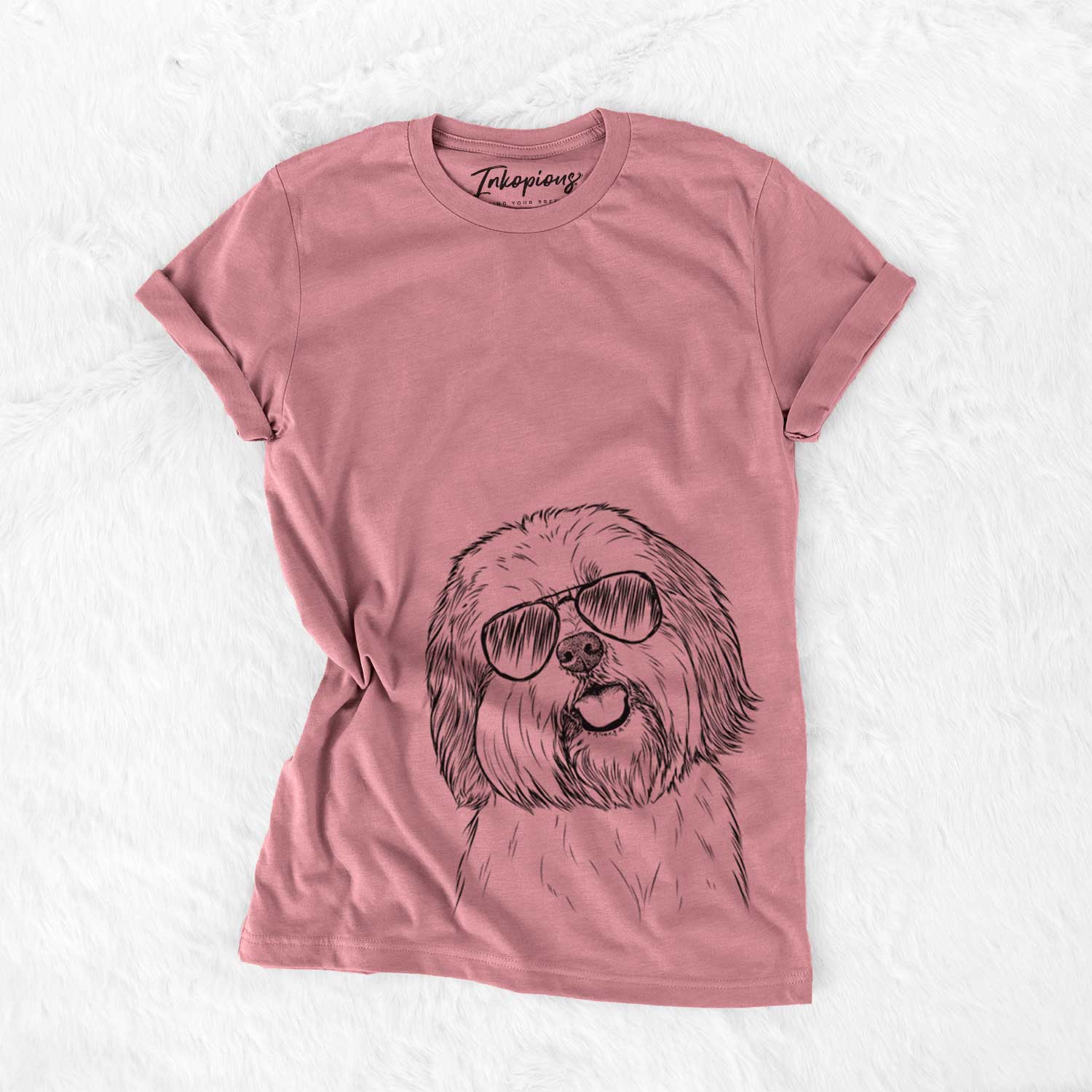 Hand-drawn sketch of Nikka the Lowchen wearing aviator sunglasses on a Mauve Unisex crewneck