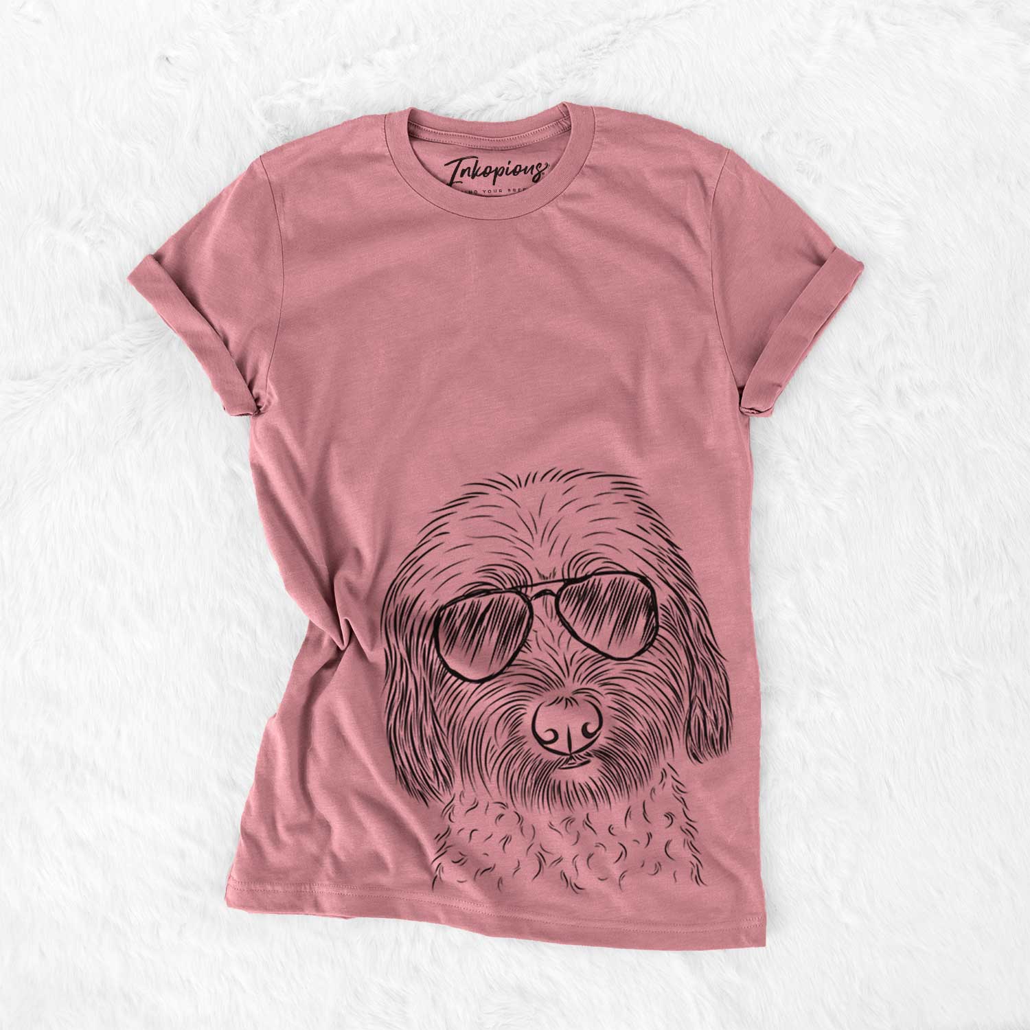 Hand-drawn sketch of Niles the Soft Coated Wheaten Terrier wearing aviator sunglasses on a Mauve Bella Canvas Unisex Crewneck